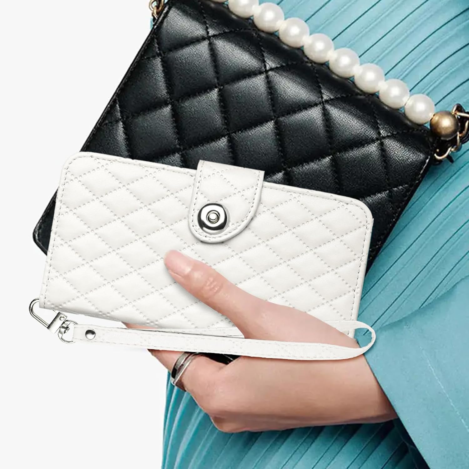 Wallet Case for Samsung Galaxy S26 Plus S26+ 5G with Wrist Shoulder Strap, Argyle Pattern PU Leather Flip Credit Card Holder Phone Cover for S 26 + 26+ S26Plus 26S SM-S947U Girls Women White