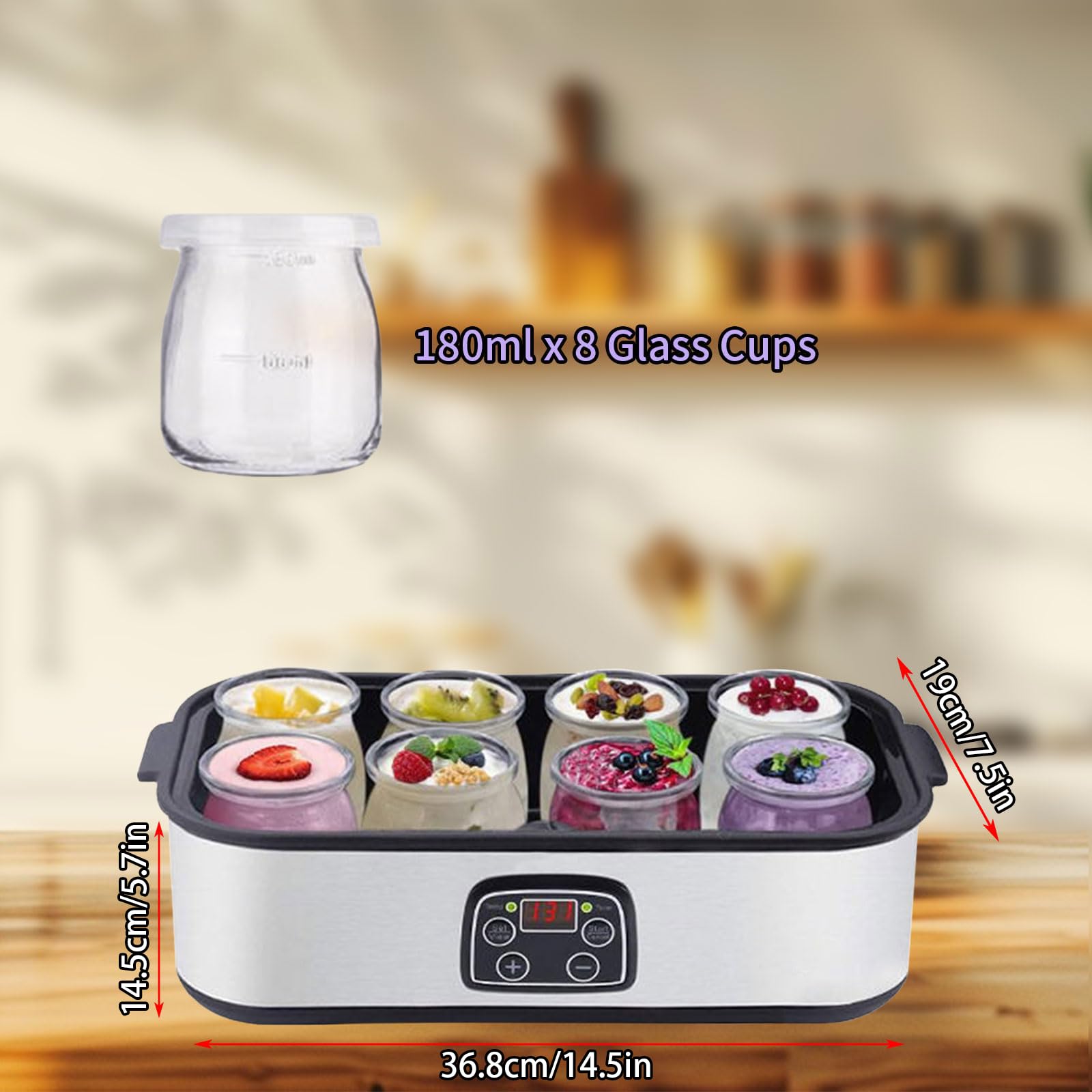Yogurtiera con 8 vasetti in Vetro, per Yogurt probiotico | Temperatura regolabile e timer da 48 ore; ideale per preparare yogurt biologico, natto e dessert fatti in casa