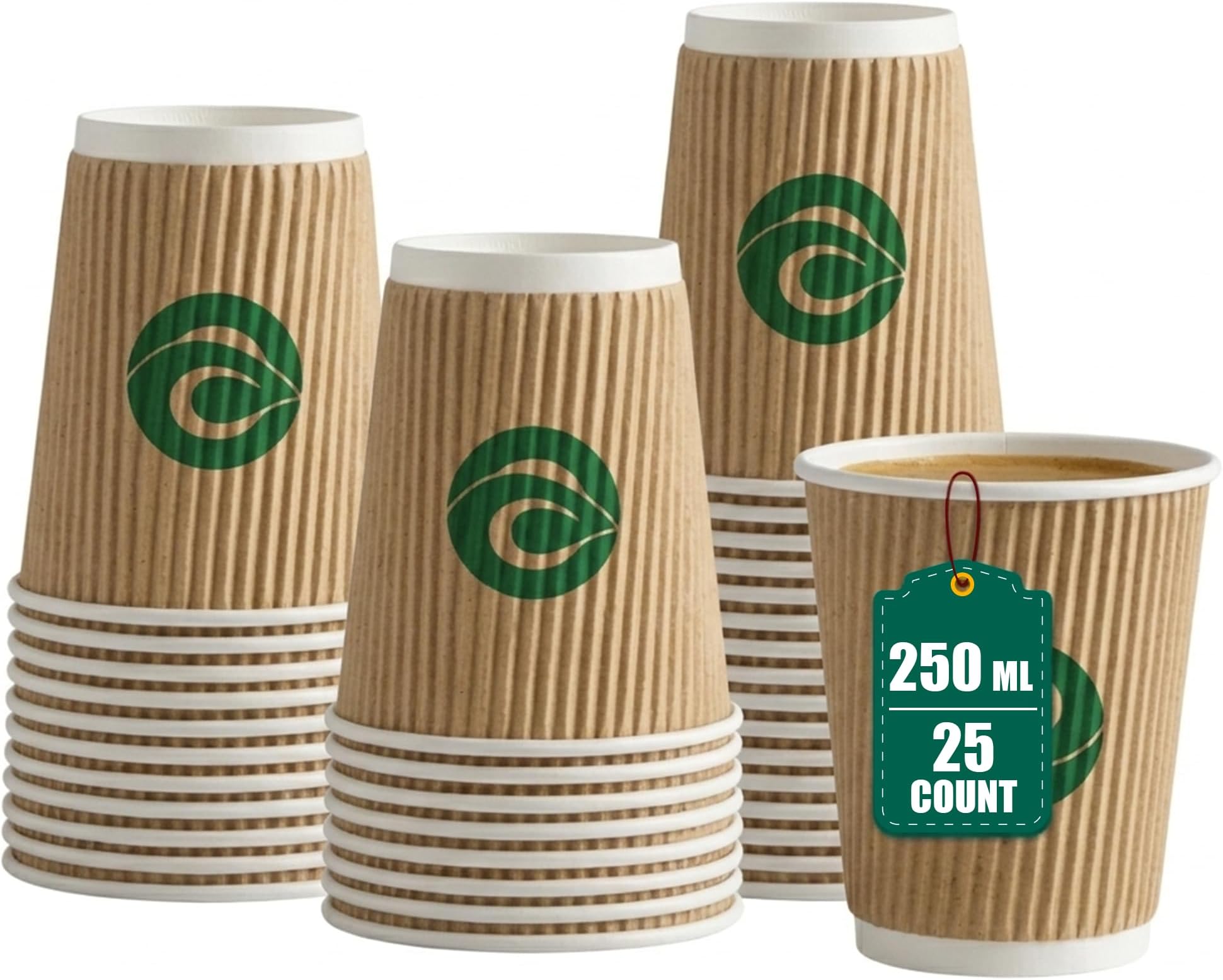 ECO SOUL [250 ml, 25 Count Disposable Ripple Paper Cups | Plastic-Free Aqueous Coated | Eco-Friendly & Biodegradable Hot Cups | Use & Throw Party Glasses | Ideal for Tea & Coffee | 500 GSM