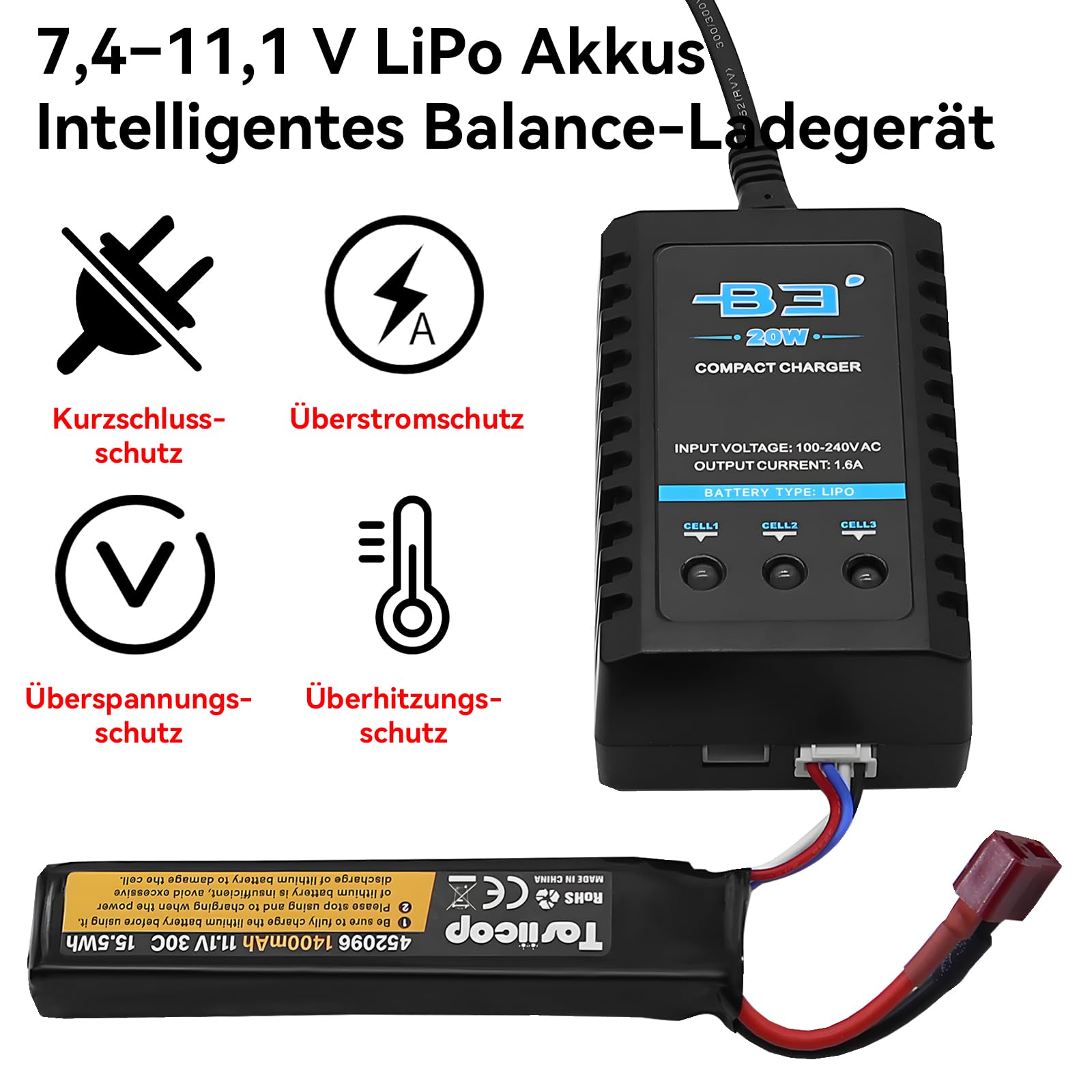 Lipo B3 Charger 20W 1.6A for 2S 3S Batteries (7.4V, 11.1Volt) RC Car Balancer Charger with XH3P and XH4P Plug for RC Car Boat Airplane Monstertruck Quadcopter Airsoft - 5
