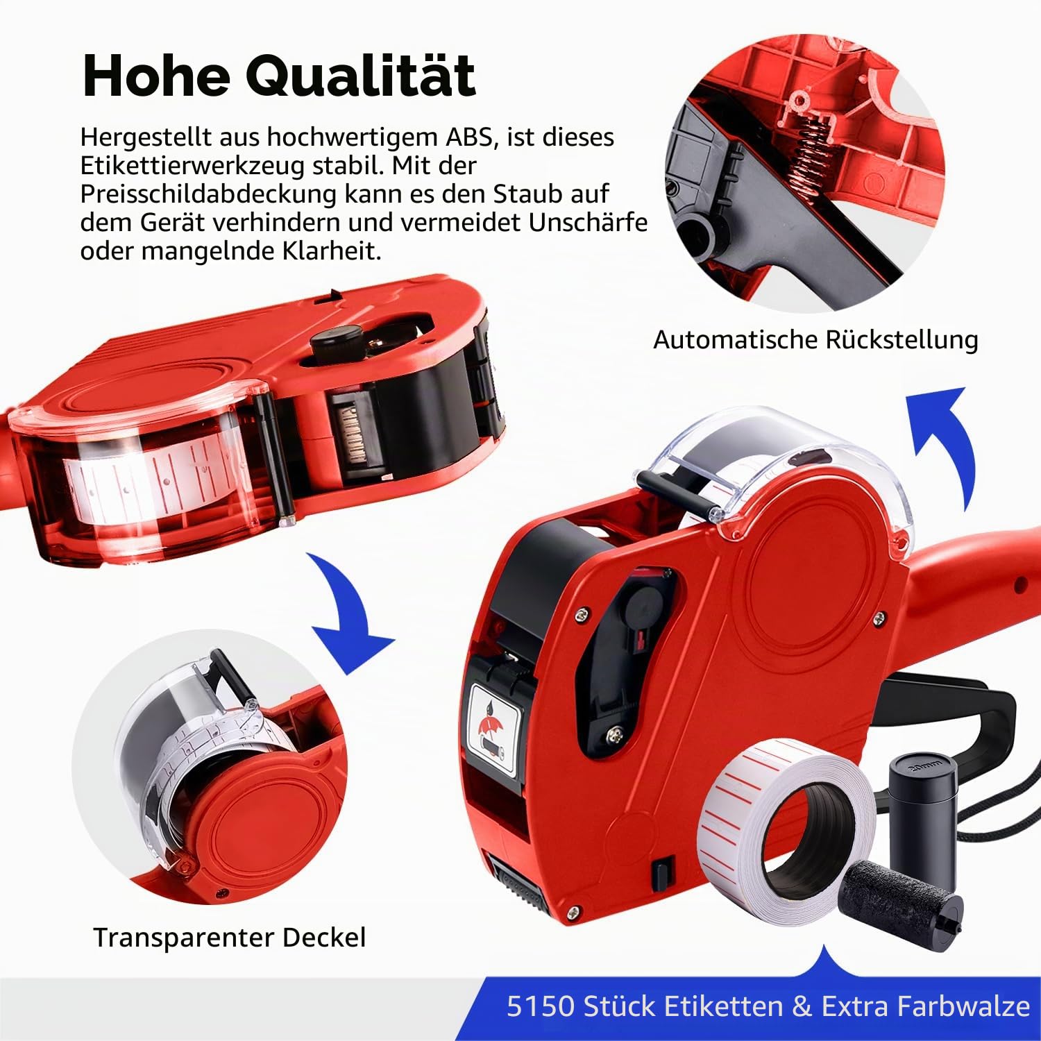 KPX MX5500 Preisauszeichnungspistole mit 5150 weißen Etikettenpistolen-Aufklebern und 3 extra Tintenrollern, Rot, 8 Ziffern, Lebensmittelgeschäft, Lebensmittel