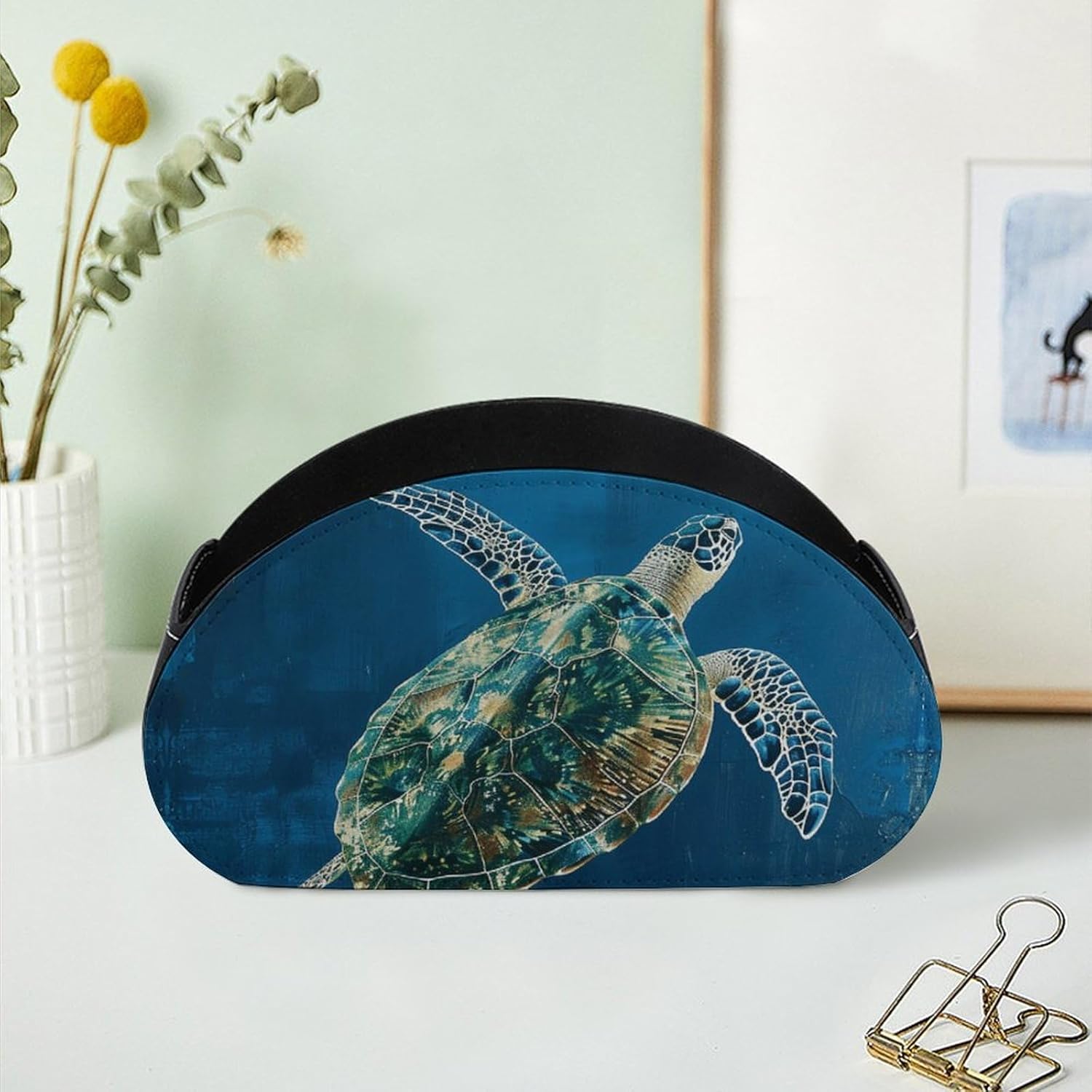 Remote Control Holder PU Leather Remote Caddy with 5 Compartment TV Remote Holder A Sea Turtle Swimming Remote Box Remote Control Organizer Pen Holder for Desktop Organizers