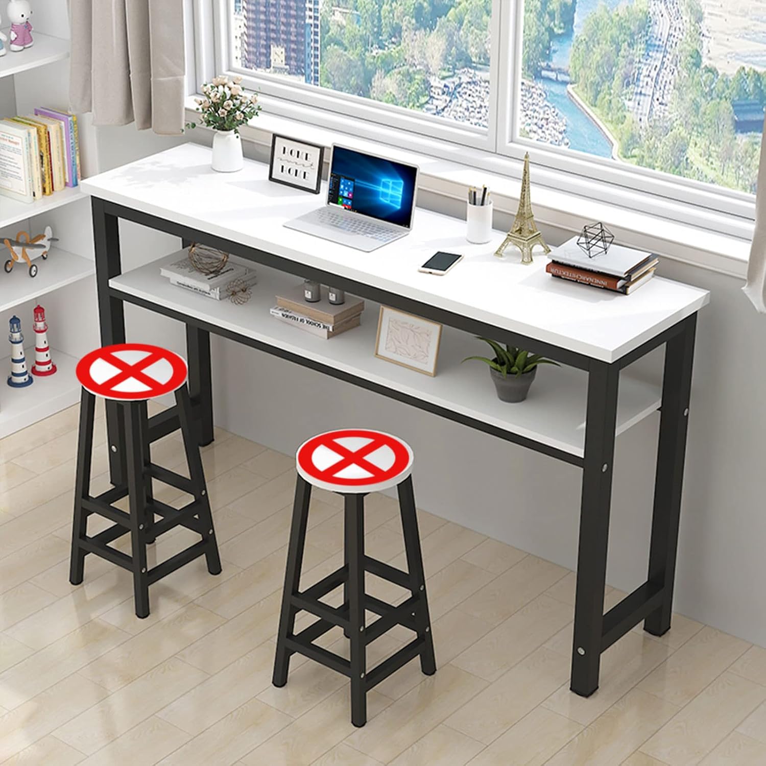 Counter Table, Bar Counter, Nail Table, Space Saving, Height 39.4 inches 100 cm, Storage Rack Included, Slim, High Table, Wooden Tabletop, Steel Legs, Stylish, Dining Table, Non-slip Feet
