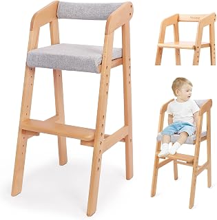 Yoleo Wooden Adjustable High Chair for Toddlers - Grows 2-12 Years, Removable Cushion, Multi-Use Dining Study Step Stool (Natural)