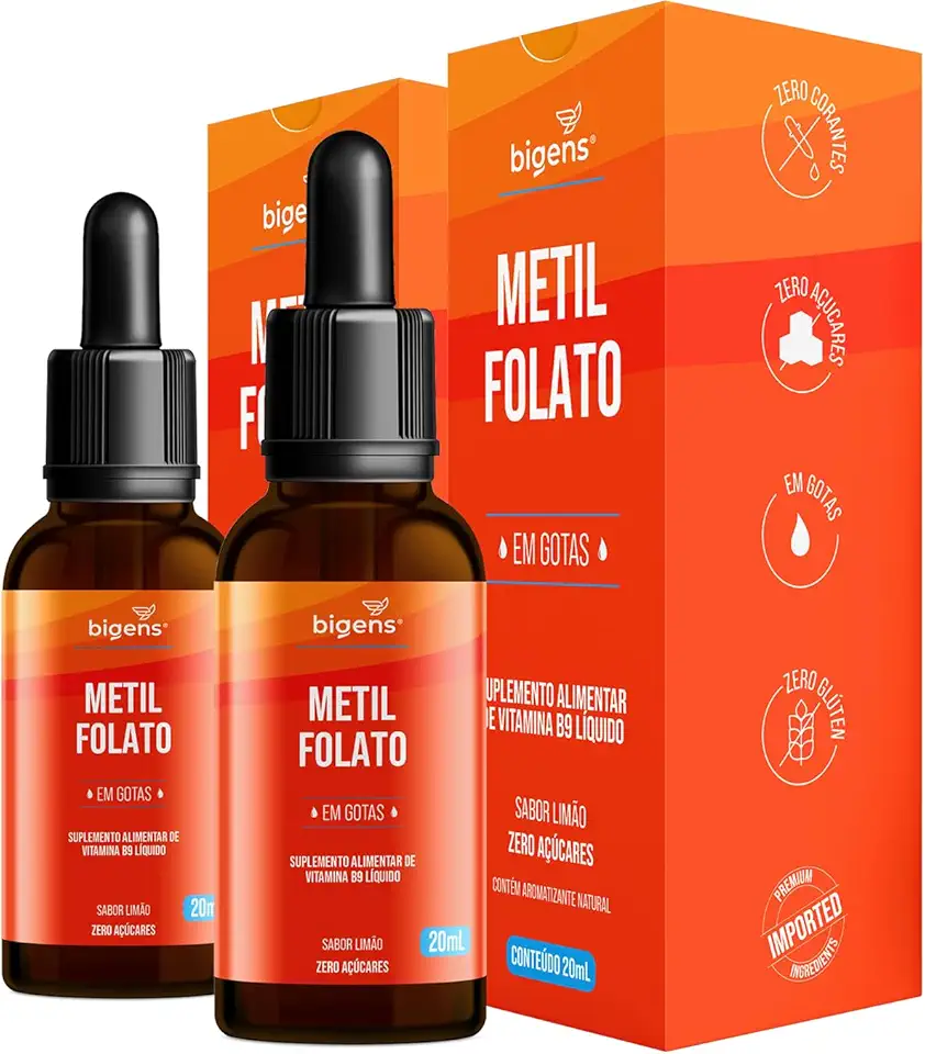 Metilfolato vegan vitamin gotas liquido, Ácido Fólico Ativo, sabor limão, 20 ML, Biogens (Kit 2)