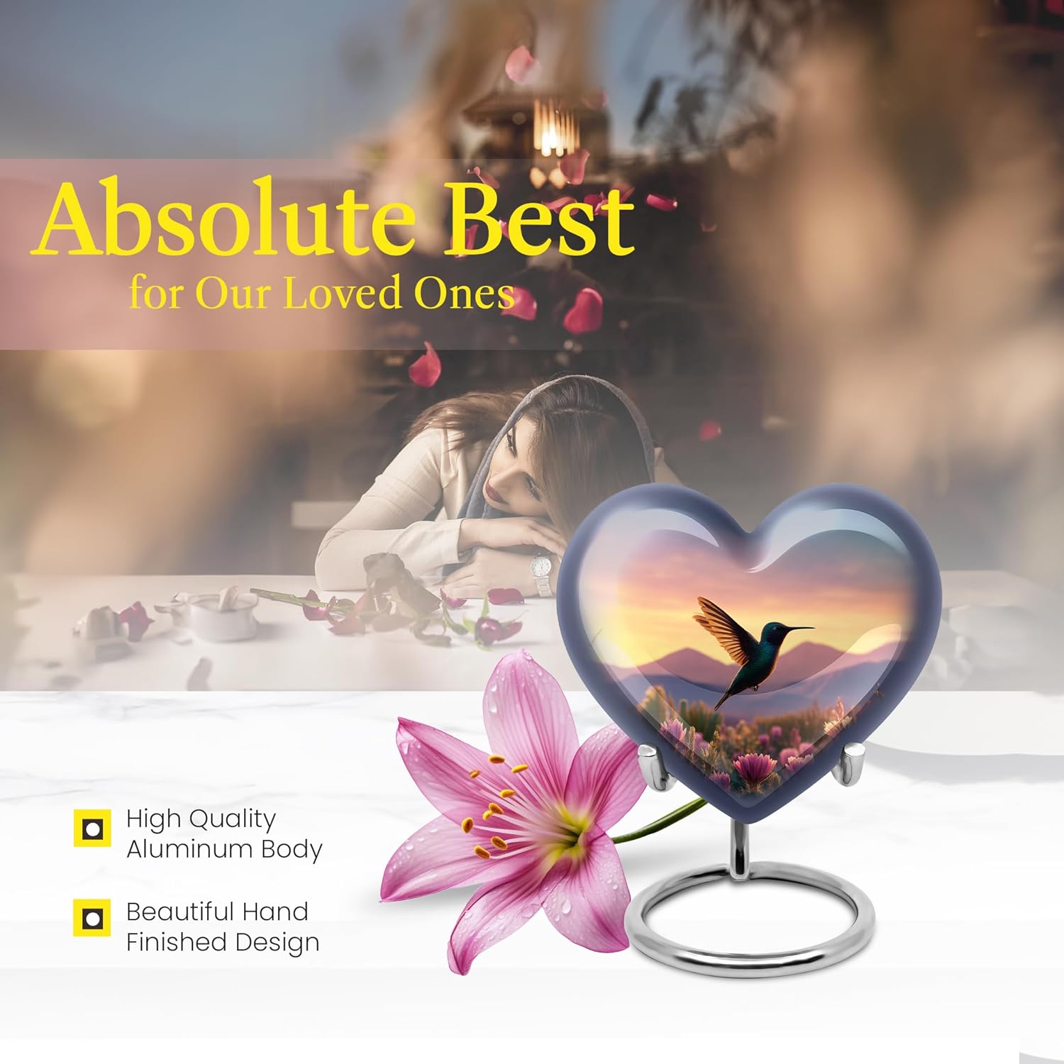 Hummingbird Keepsake Cremation Urns for Adult Ashes Women - Mini Blue Heart Memorial Urns for Adult Male - Small Bird Burial Urn for Mom - Decorative Miniature Flower Funeral Urn - 3 Inch