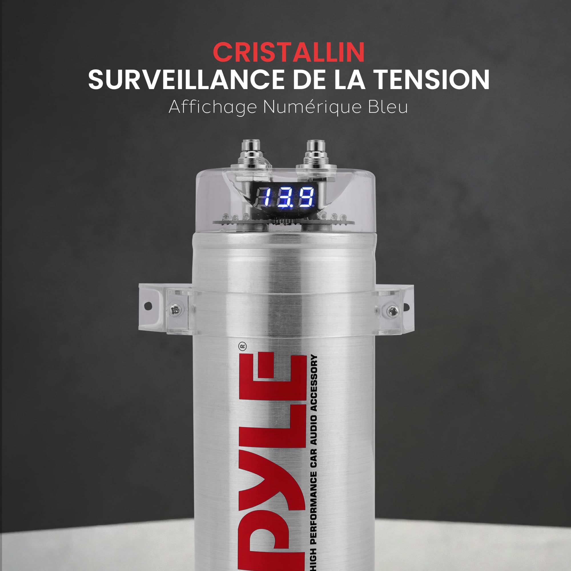 Pyle Condensateur de puissance numérique de 3.2 Farad - Accessoire haute performance pour audio de voiture avec écran numérique bleu | Lecture de tension | Protection contre les surtensions