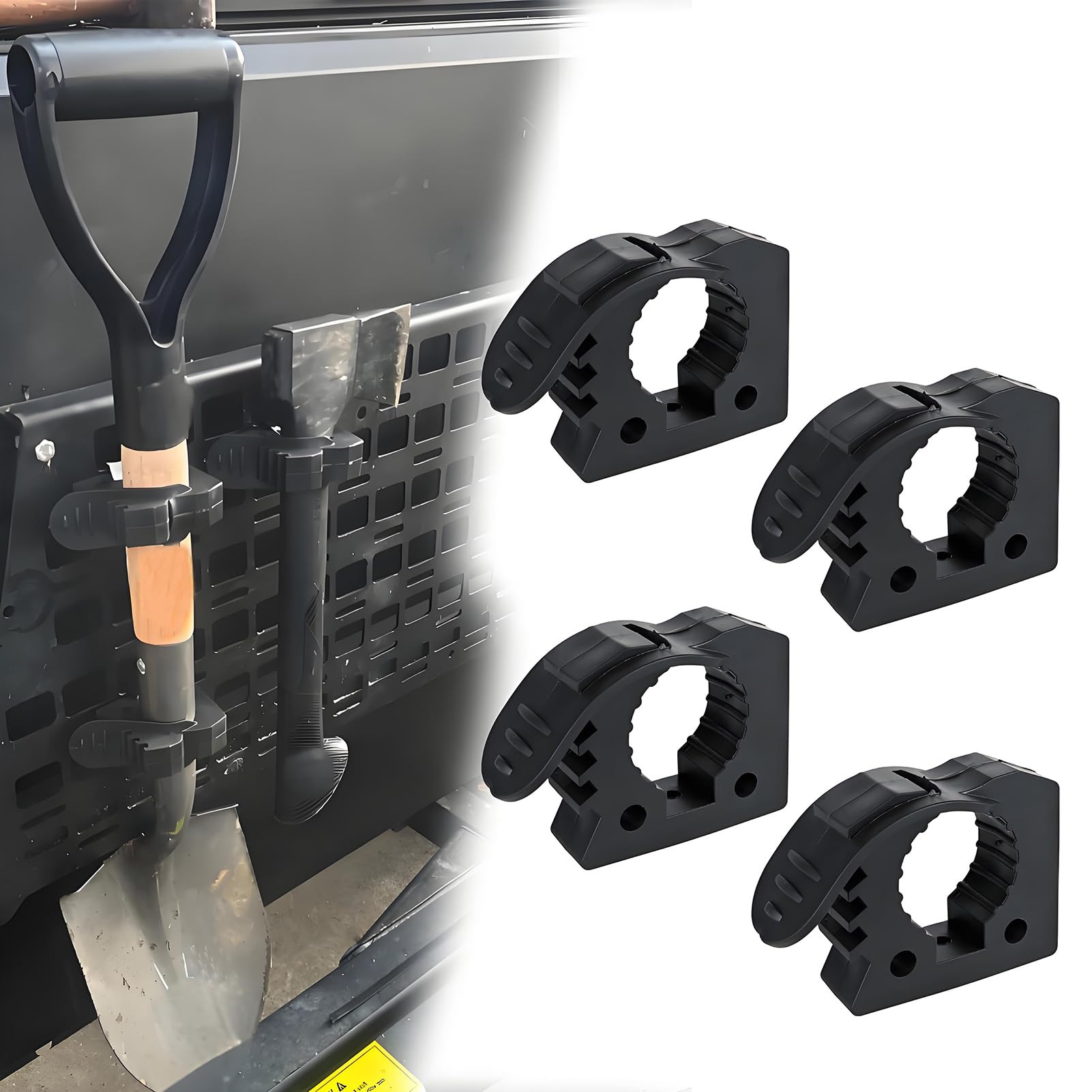 UTV ATV Shovel Holder & Tool Mount, Quick-Release Molle Panel Rubber Clamps for Ford Truck, for Jeep Off-Road Vehicles, Trailers, RVs, Boats, 1-1/7"