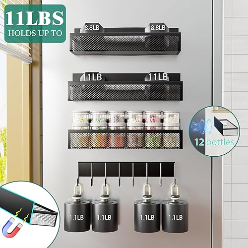 Miniatura 3 de Giwil Estante magnético para especias para refrigerador, paquete de 3 estantes magnéticos para refrigerador, organizador de especias con estante de