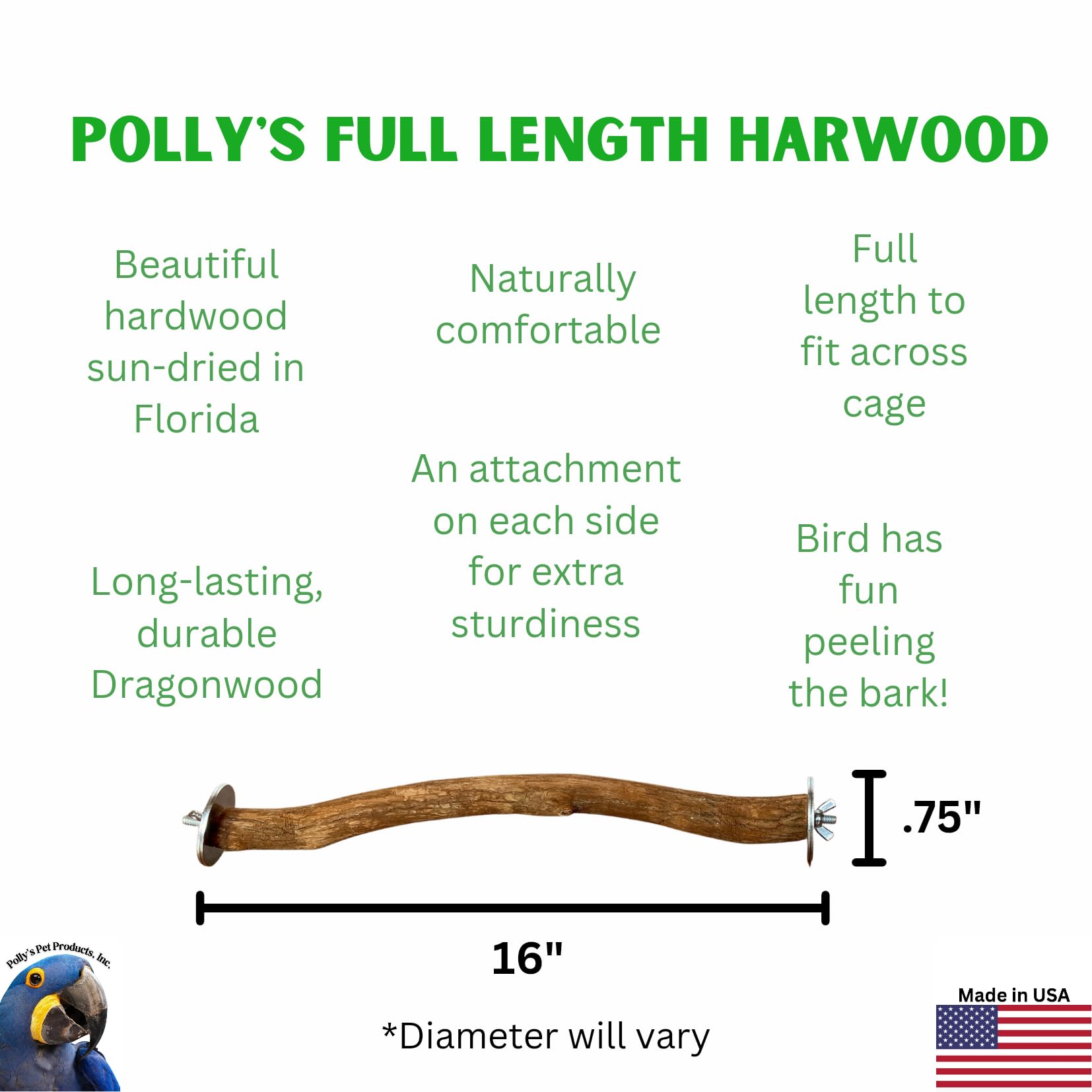 Polly's Full Length Hardwood Bird Perch, 16-Inch, Natural Brown - image 2