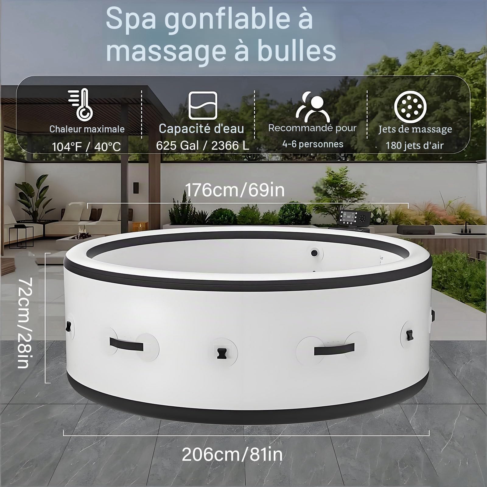 Spa Gonflable Tout-en-Un, Baignoire à Remous pour 4-6 Personnes avec Chauffage Économique et Jets à Bulles, Oasis Ultime pour Jardin, Incluant Couverture Isotherme et Éclairage LED L