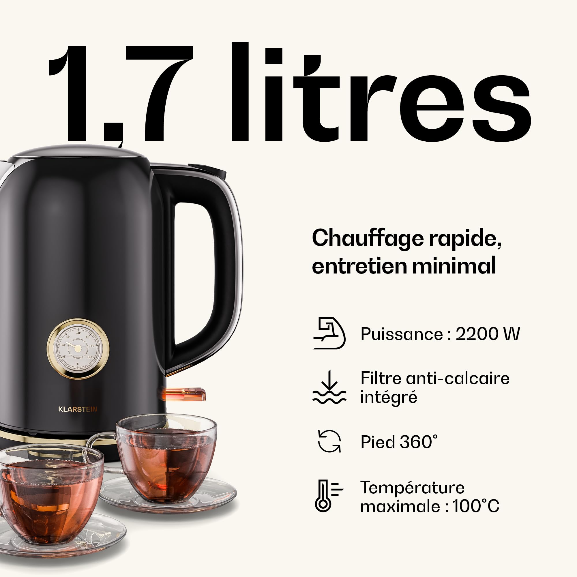 KLARSTEIN Victoria Set Petit-Déjeuner Complet – Grille-Pain 2 Fentes 7 Niveaux, Bouilloire Électrique 1,7L, Cafetière Filtre 12 Tasses, Design Rétro, Noir