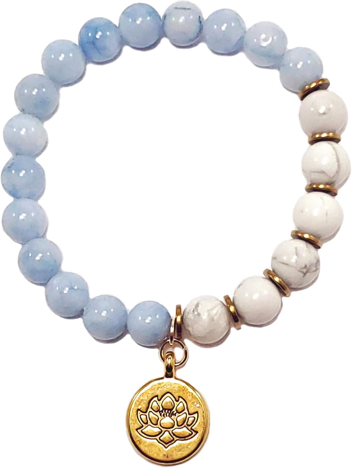 Natural Gemstone Bracelet Collection – Celestite, Emerald Green Jade, or Rose Quartz with White Howlite & Gold Lotus Charm – US Handmade 8mm Beaded Stretch Bracelet for Women & Men