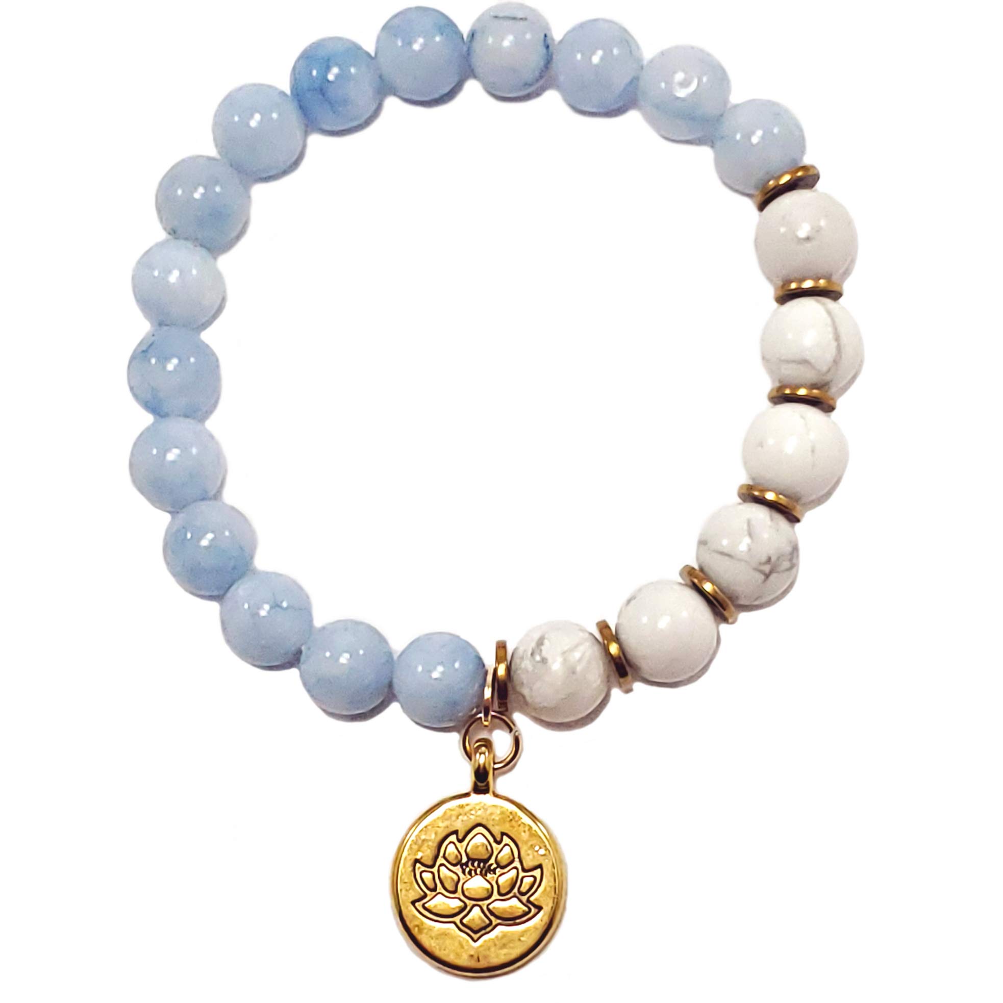 Celestite & Howlite Chakra Bracelet – Calming Energy Stones – Gold Lotus Charm – Handmade Yoga Jewelry for Women – Stretch Beaded Spiritual Gift (Celestite)