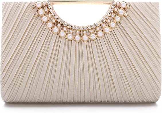 Emprier Pleated Satin Clutch for Women, Elegant Evening Bag fits Large Smartphones, Formal Wedding Purse with Chain