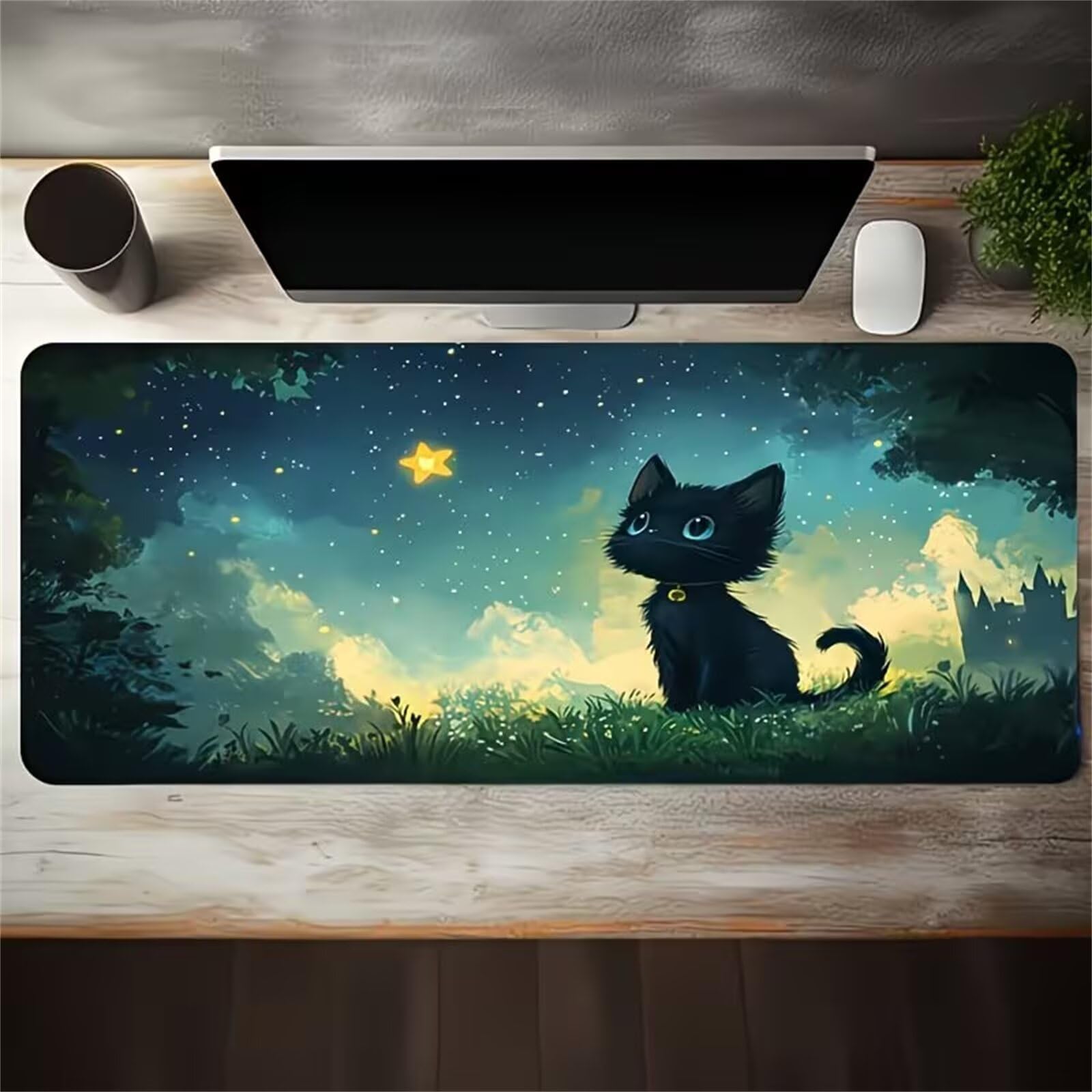 Tappetino Mouse Paesaggio con gatto dei cartoni animati,700x400x3mm tappetino mouse XXL Gaming,con Base Antiscivolo,lavabile Sottomano Grande Dimensione – Migliora la Precisione e la Velocità
