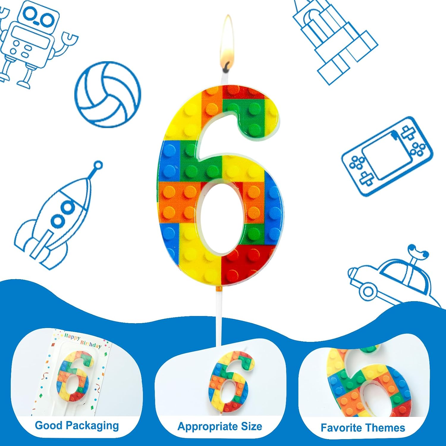 Ceya Number 6 Building Block Birthday Candles,4.5 Inch Number lego Candles