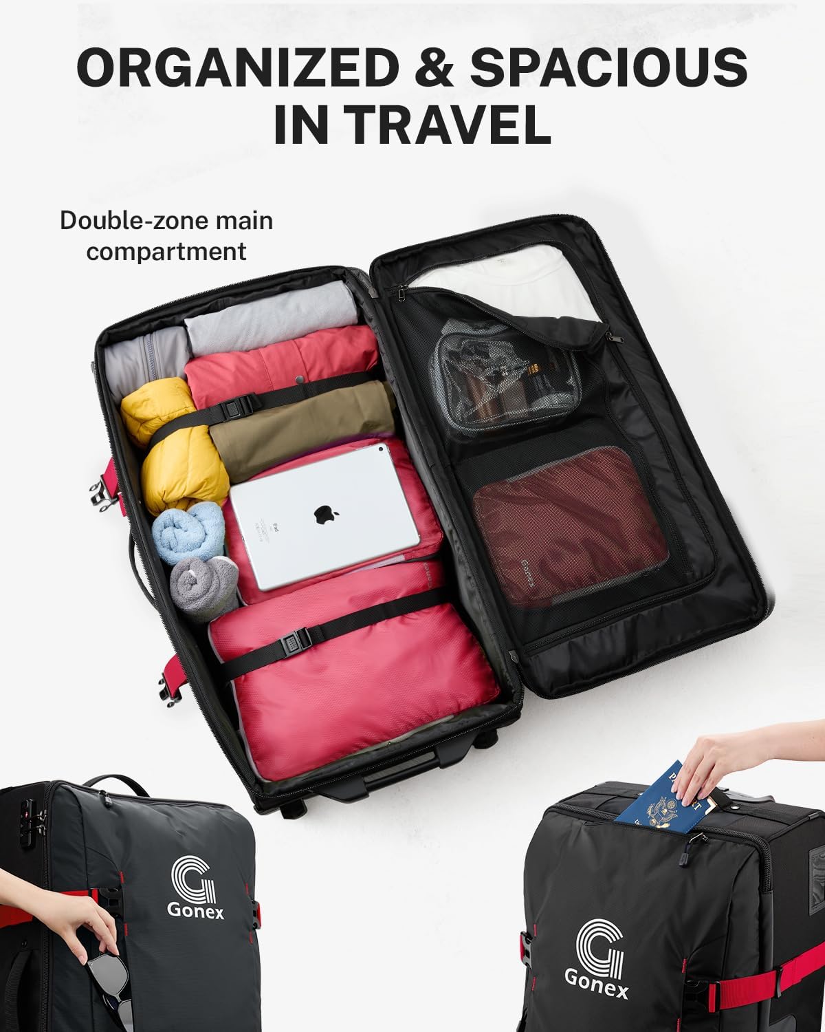 Gonex Rolling Duffle Bag with Wheels, Water-repellent 30 inch Nylon Large Wheeled Travel Duffel Luggage with TSA Lock & Telescopic Handle 100L, Black - Image 6