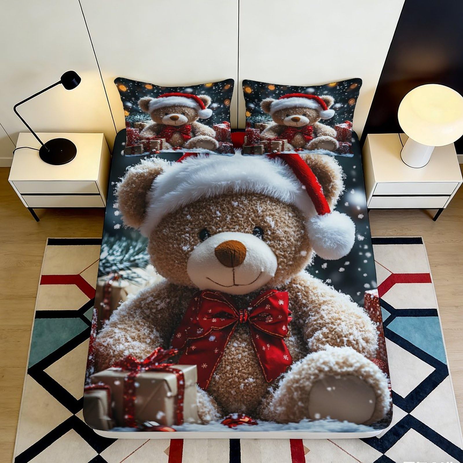 3D Printed Christmas Teddy Bear Fitted Sheet Microfiber Deep Pocket Non-Slip Bedding Set Teddy Bear Mattress Fitted Cover Washable 90x200x25cm
