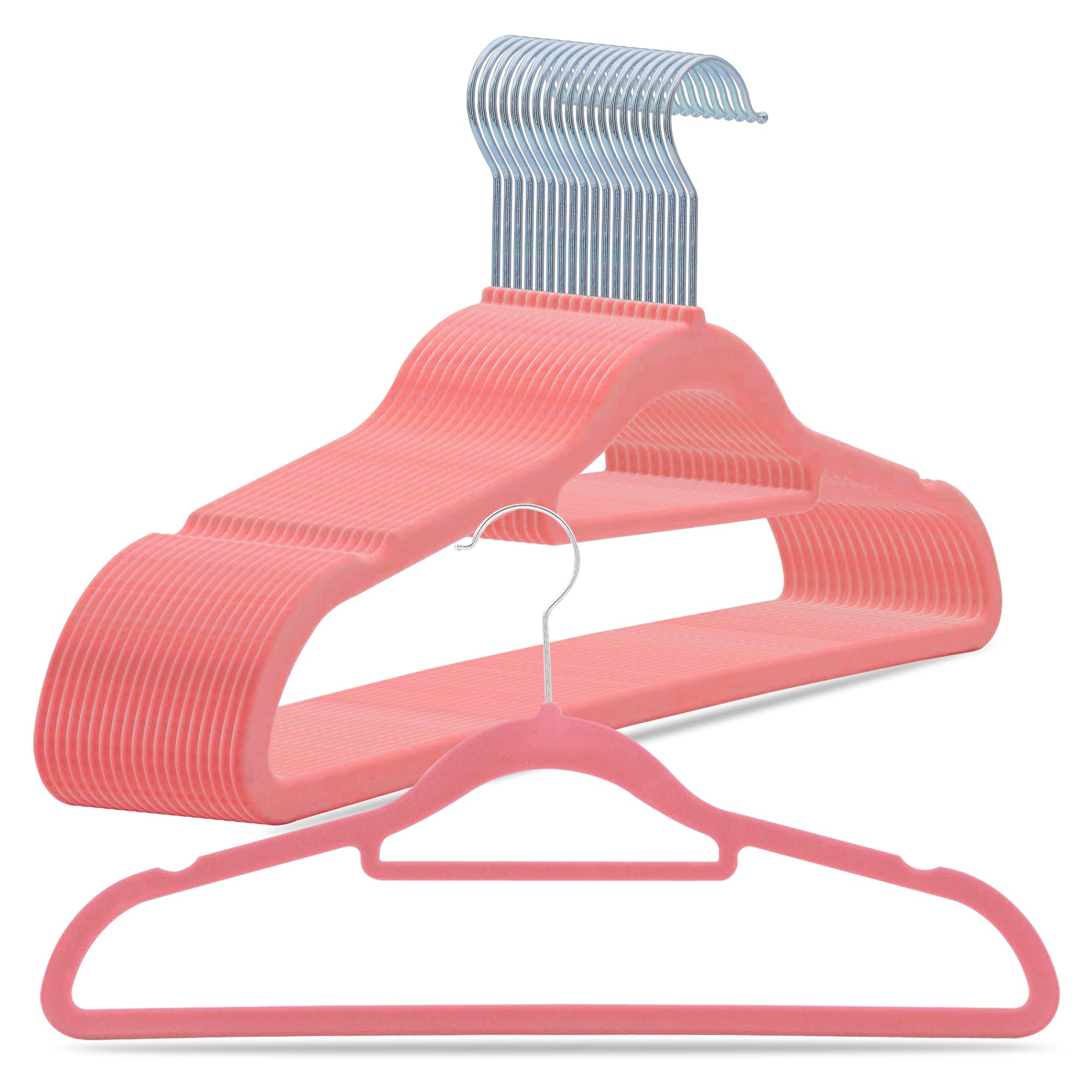 G4GADGET 50 Pack Pink Velvet Hangers with Tie Bar - Non-Slip, Durable Clothes Hangers for Coats, Shirts, Suits, Trousers - Space-Saving & Heavy Duty - 41cm