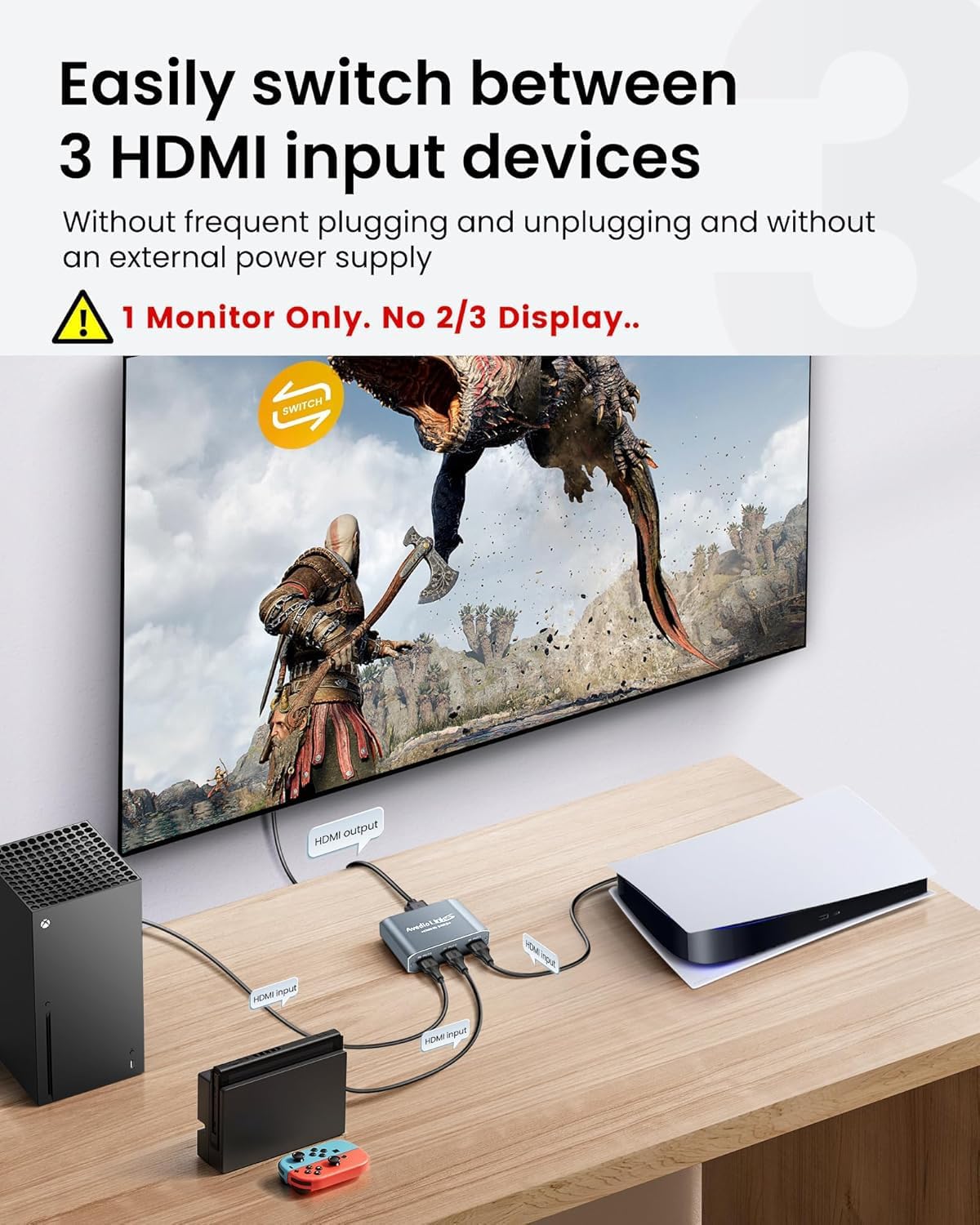 avedio links HDMI Switch 3 in 1 Out 4K@60Hz Aluminum Alloy【with 4FT HDMI 2.0 Cable】, 3x1 4K HDMI Switch Box, 3-Port HDMI Selector Switcher Support HDCP 2.2, HDR 10, for Fire TV Stick, PS5