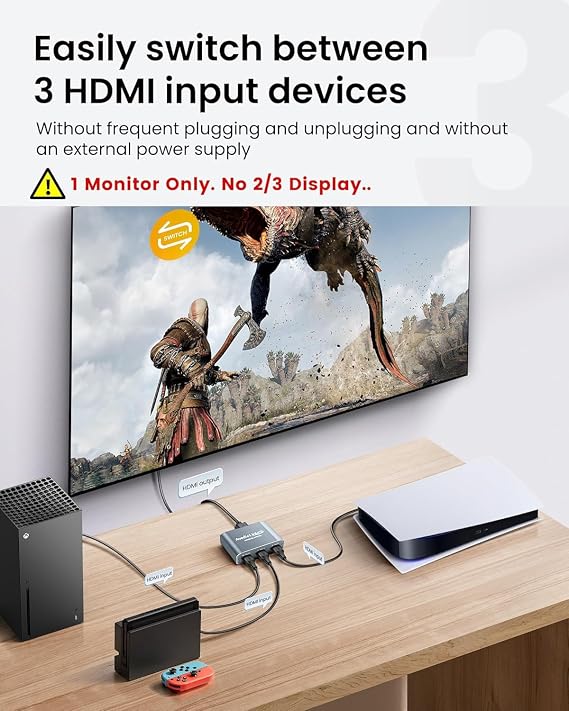 HDMI Switch 3 in 1 Out, 4K@60Hz Aluminum Alloy with 4FT HDMI 2.0 Cable | HDMI Splitter Switch supports HDCP2.2 and HDR10, compatible with PS5, Fire TV Stick, Xbox, PC and Projector