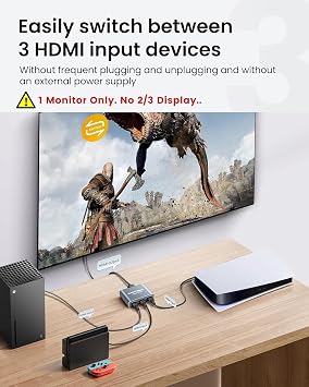 HDMI Switch 3 in 1 Out, 4K@60Hz Aluminum Alloy with 4FT HDMI 2.0 Cable | HDMI Splitter Switch supports HDCP2.2 and HDR10, compatible with PS5, Fire TV Stick, Xbox, PC and Projector
