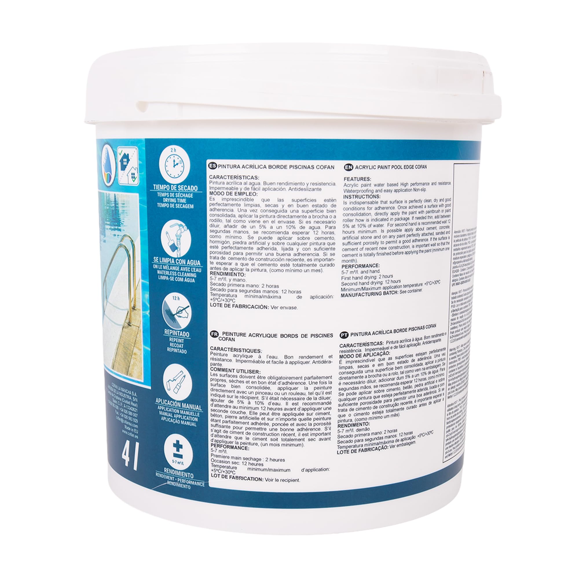 Cofan Pintura Antideslizante Acrílica para Bordes de Piscina Blanco Mate 4 L