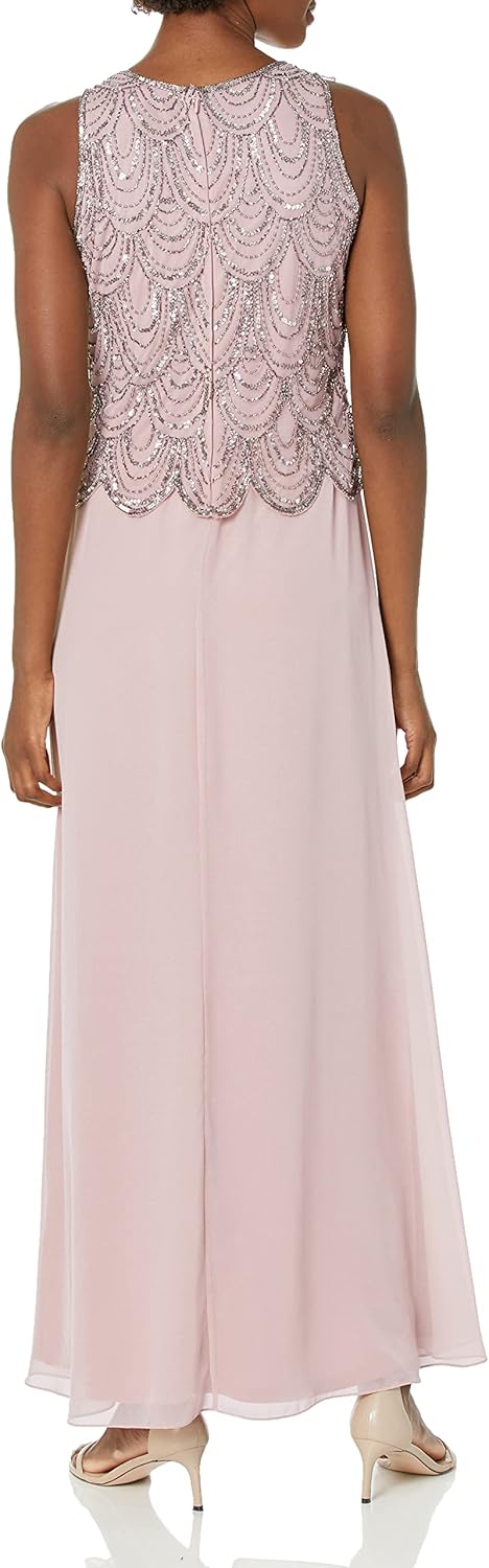 J Kara Women's Plus Size Sleeveless Beaded Pop Over Long Dress with Scarf