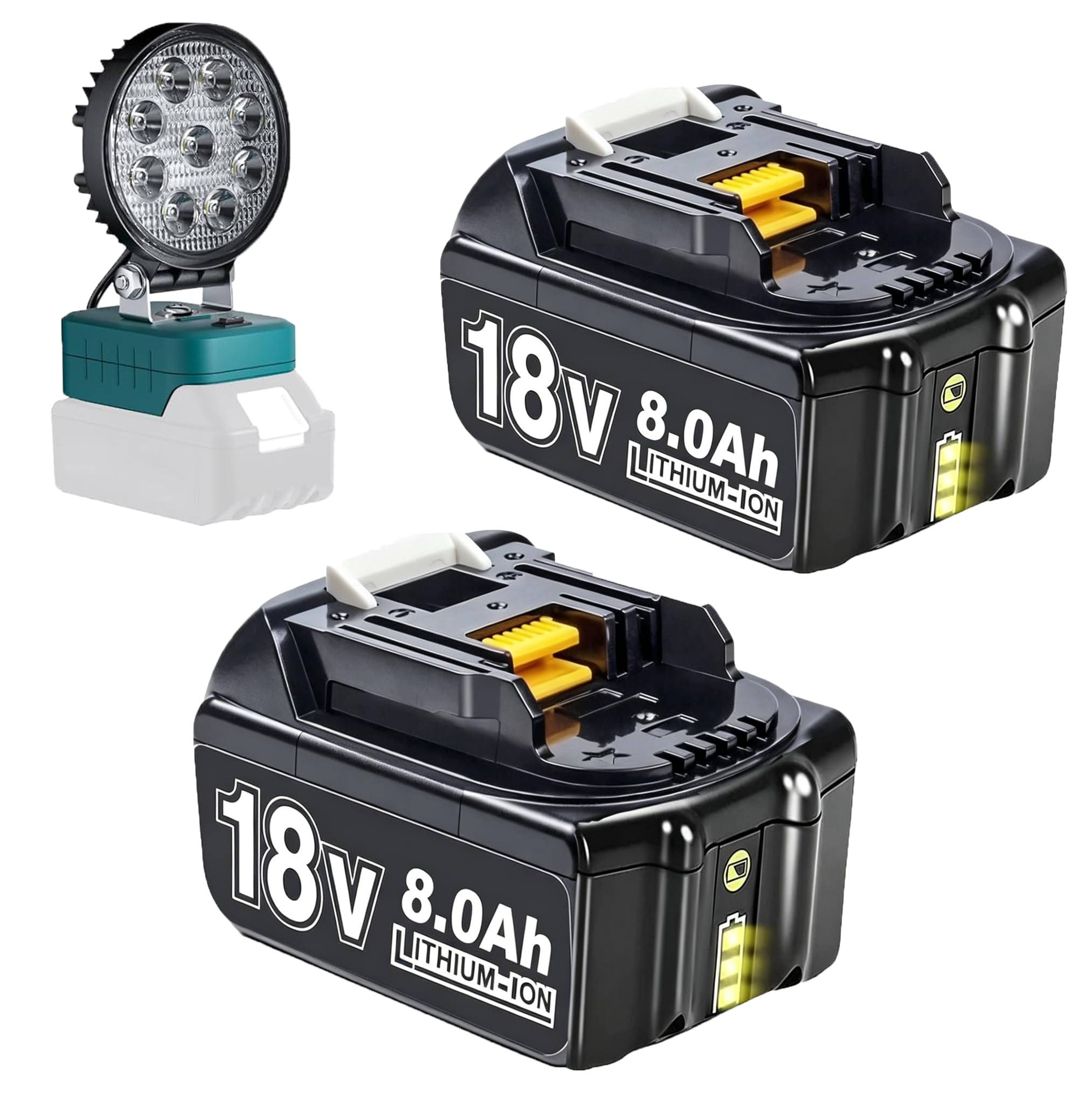 2X 18V 8.0Ah/8000mAh Replacement Battery for Makita and LED Work Light - Compatible with Makita BL1860B BL1860 BL1840 BL1830 BL1815 BL1835 BL1860B BL1850B BL1845 BL1850 194205-3 LXT-400
