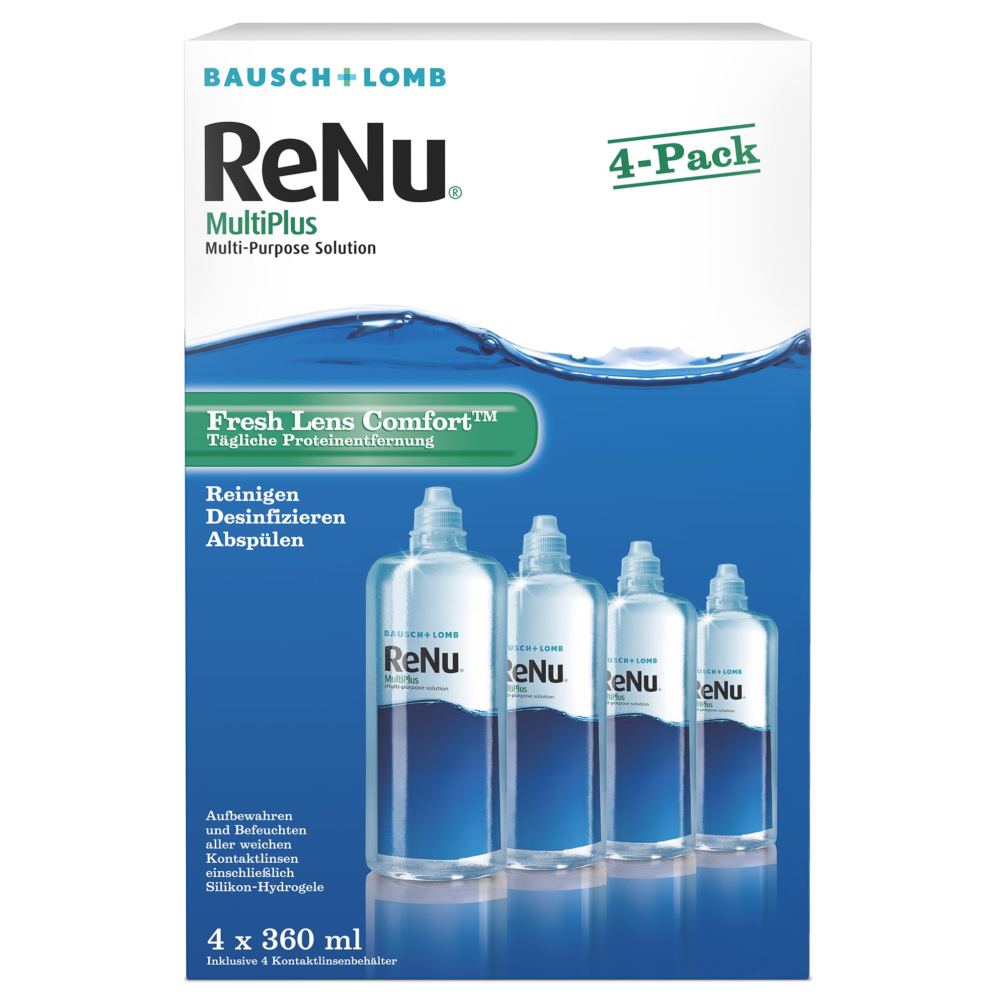 Bausch + Lomb ReNu MultiPlus Kombilösung mit Proteinentferner - Kontaktlinsenreiniger, Aufbewahrungslösung, weiche Linsen, Halbjahrespack, 4 x 360 ml