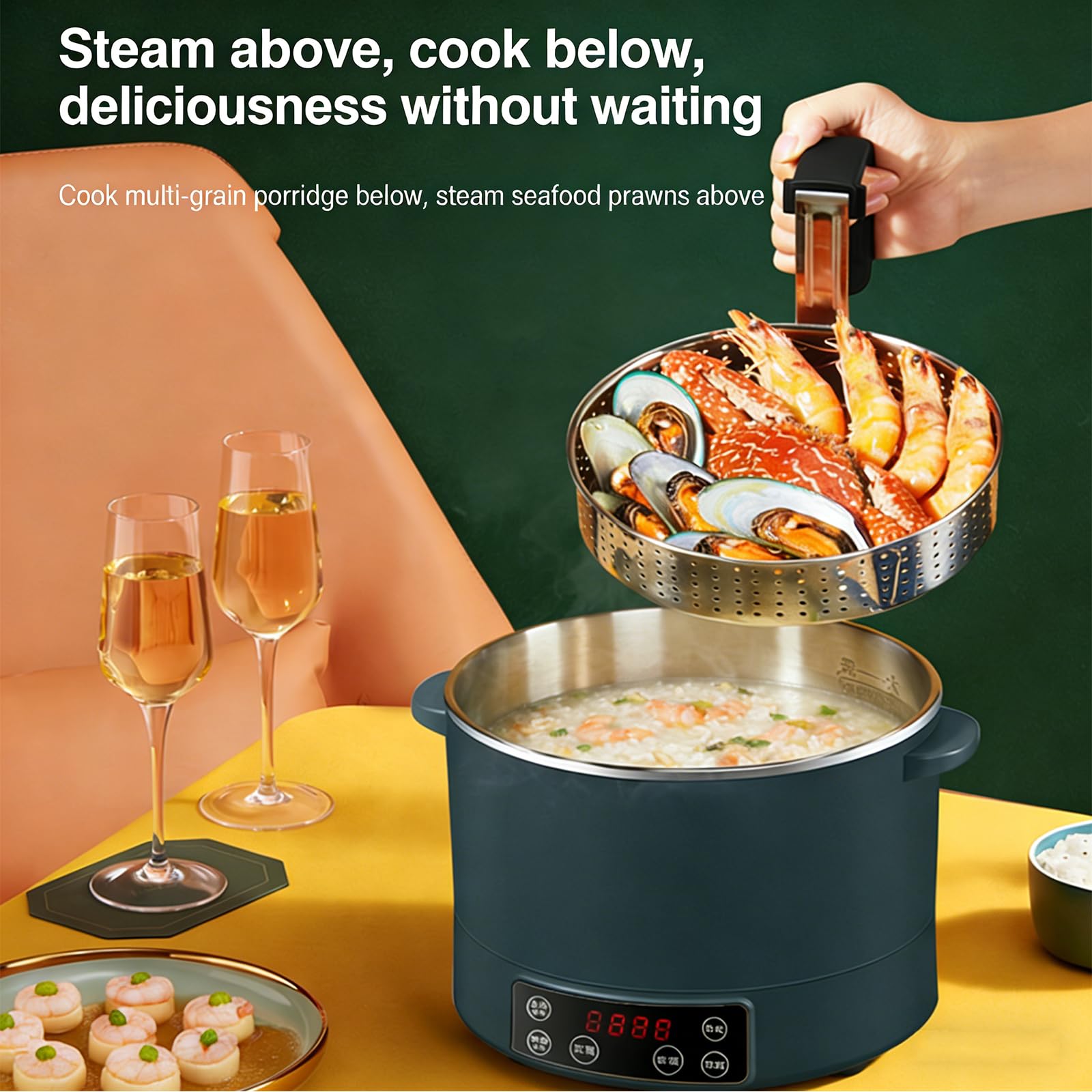 Cucina del Riso a Basso carboidrato (elevazione Auto), 3L 1500W Riscaldamento induzione, separazione Riso-Acqua (54% Meno amido), Timer 12H, Multifunzionale, Acciaio Inox 304