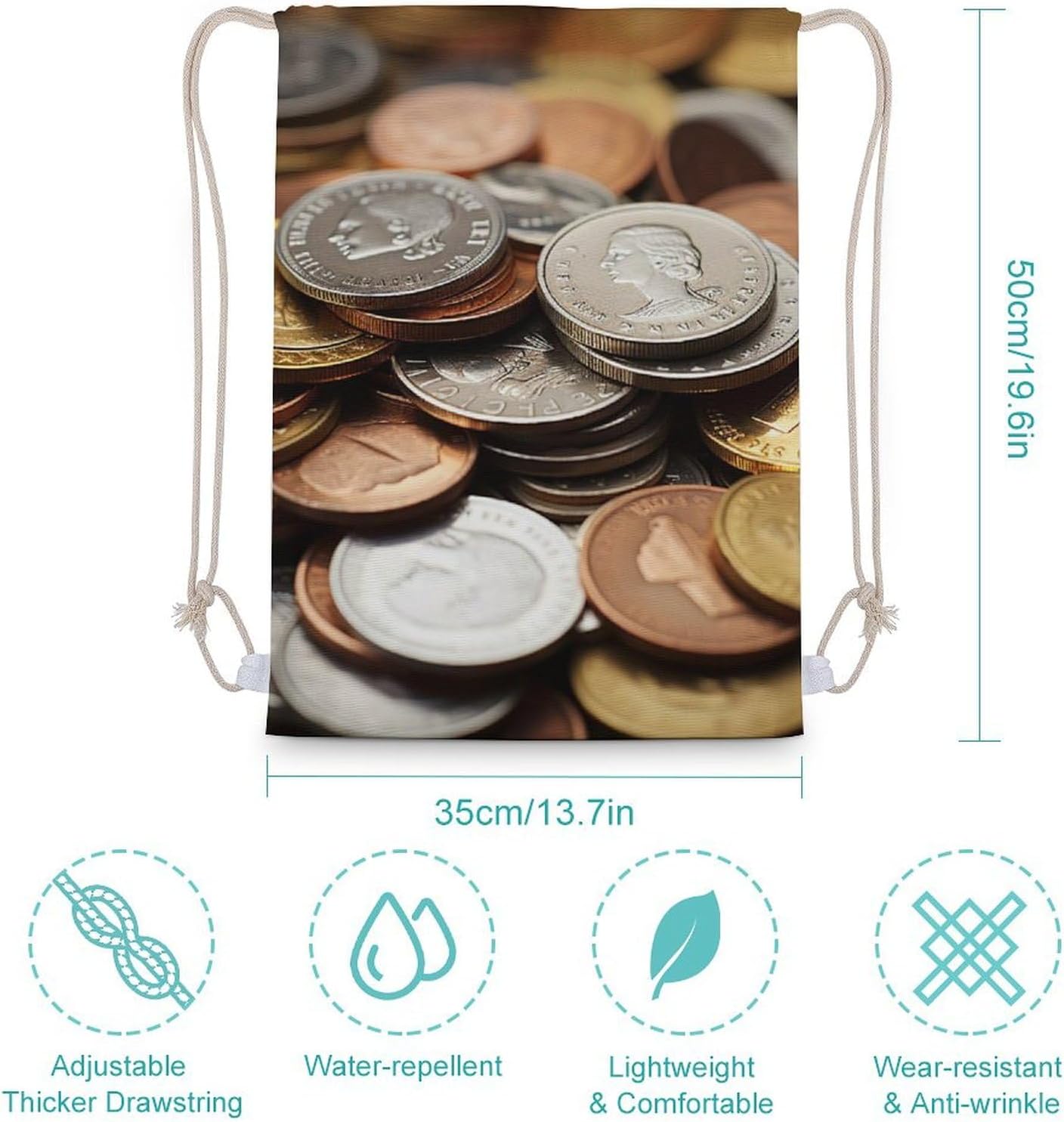 Drawstring Backpack Currency Coin Printed Sport Gym Drawstring Bag Lightweight Cinch Sacks Backpack Drawstring Bags for Yoga Sport Gym Beach Travel Backpacks