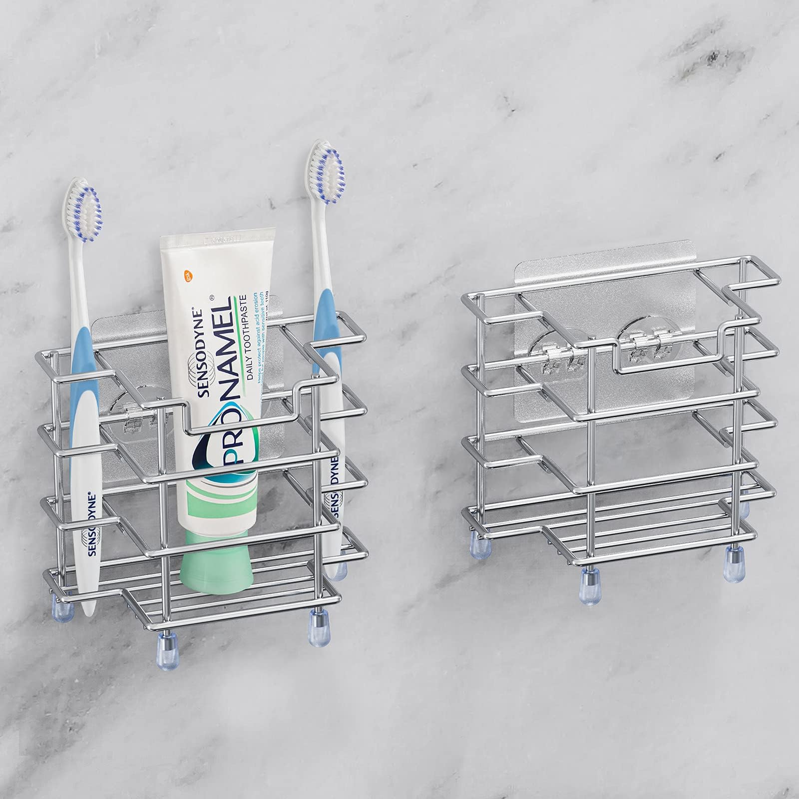 2 Pack Electric Toothbrush Holder Wall Mounted, Stainless Steel Toothpaste Stand Rack for Shower Bathroom, Self Adhesive 3 Slots Countertop Organizer (Silver)