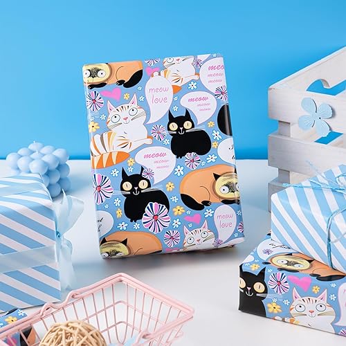 Vista 414 de WRAPAHOLIC Papel de regalo reversible, mini rollo, 17 pulgadas x 33 pies, adorable diseño de gato y azul sólido para cumpleaños, vacaciones