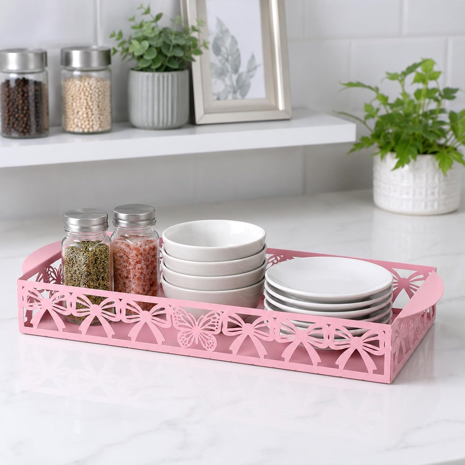 Pink Bow Toilet Paper Basket, 12.6 x 5.9 x 1.9 Inch Metal Toilet Tank Tray with Handle Pink Bow Bathroom Storage Organizer for Paper, Wet Wipes, Fragrances, Hand Sanitizers, Decorative Items