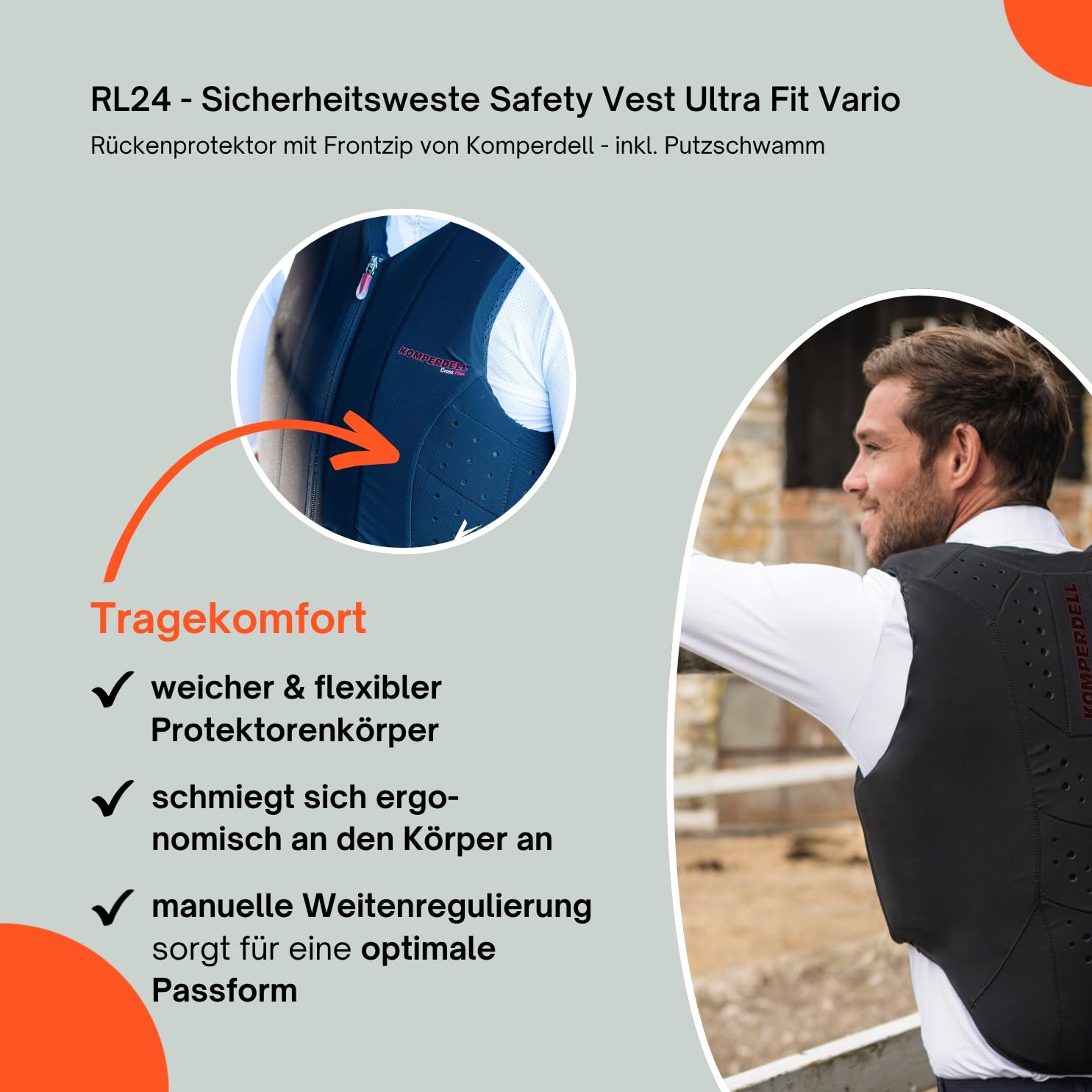 RL24 - Sicherheitsweste Safety Vest Ultra Fit Vario von Komperdell – Rückenprotektor m. Frontzip – Schwarze Protektorenweste – Unisex Schutzweste inkl. Putzschwamm – Gr. XS - XL