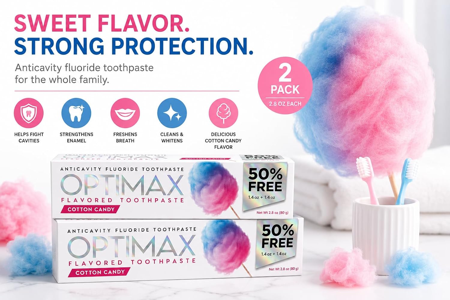 Fluoride Toothpaste, Cotton Candy Flavor, Anticavity Toothpaste, 2.8 oz Each (2-Pack), Fresh Breath & Cavity Protection image 2
