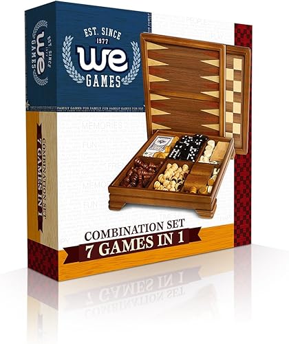Miniatura 7 de WE Games Juego de combinación de 7 juegos en 1 de nogal  incluye ajedrez damas backgammon dominóes cribbage póquer dados y tarjetas