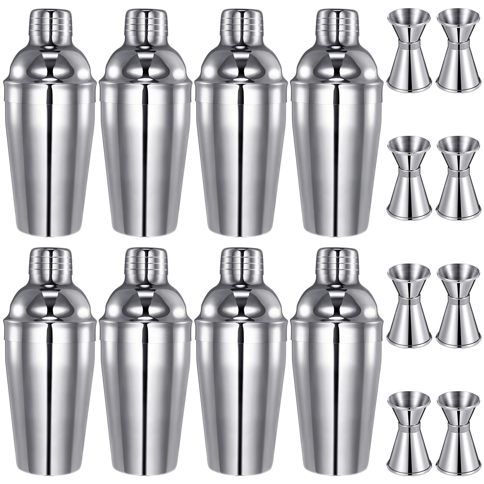 Umigy 8 paquetes de 4 paquetes de coctelera, coctelera de martini, mezclador de martini de acero inoxidable a granel con colador y medidor doble para bar, fiesta, uso doméstico, herramienta de mezcla