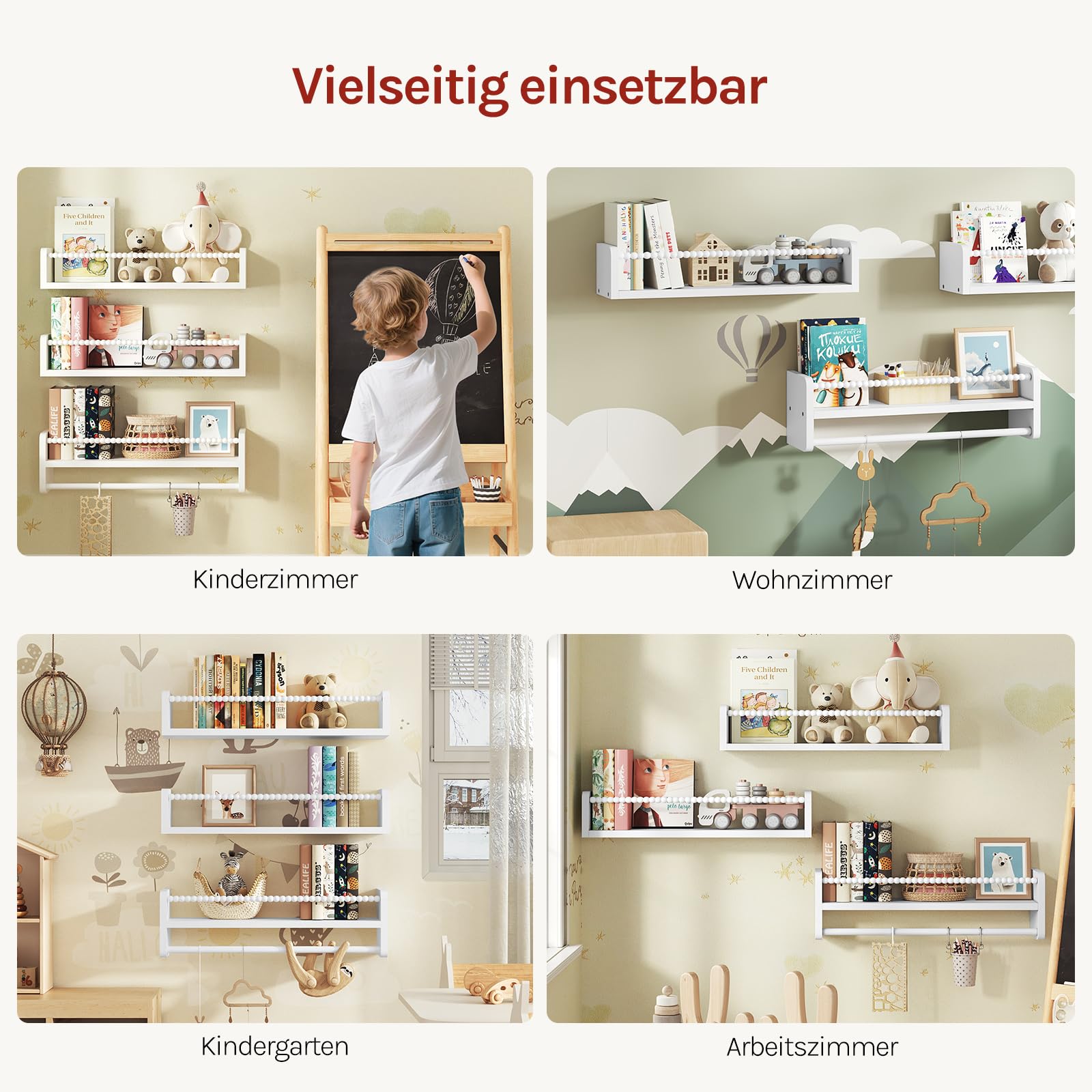 WOLTU 3er Set Kinder Bücherregal Wand, 50cm Wandregal Kinderzimmer, aus Massivholz, Hängeregal Schweberegal Kinderregal, Montessori Regal, für Bücher Spielzeug, Weiß