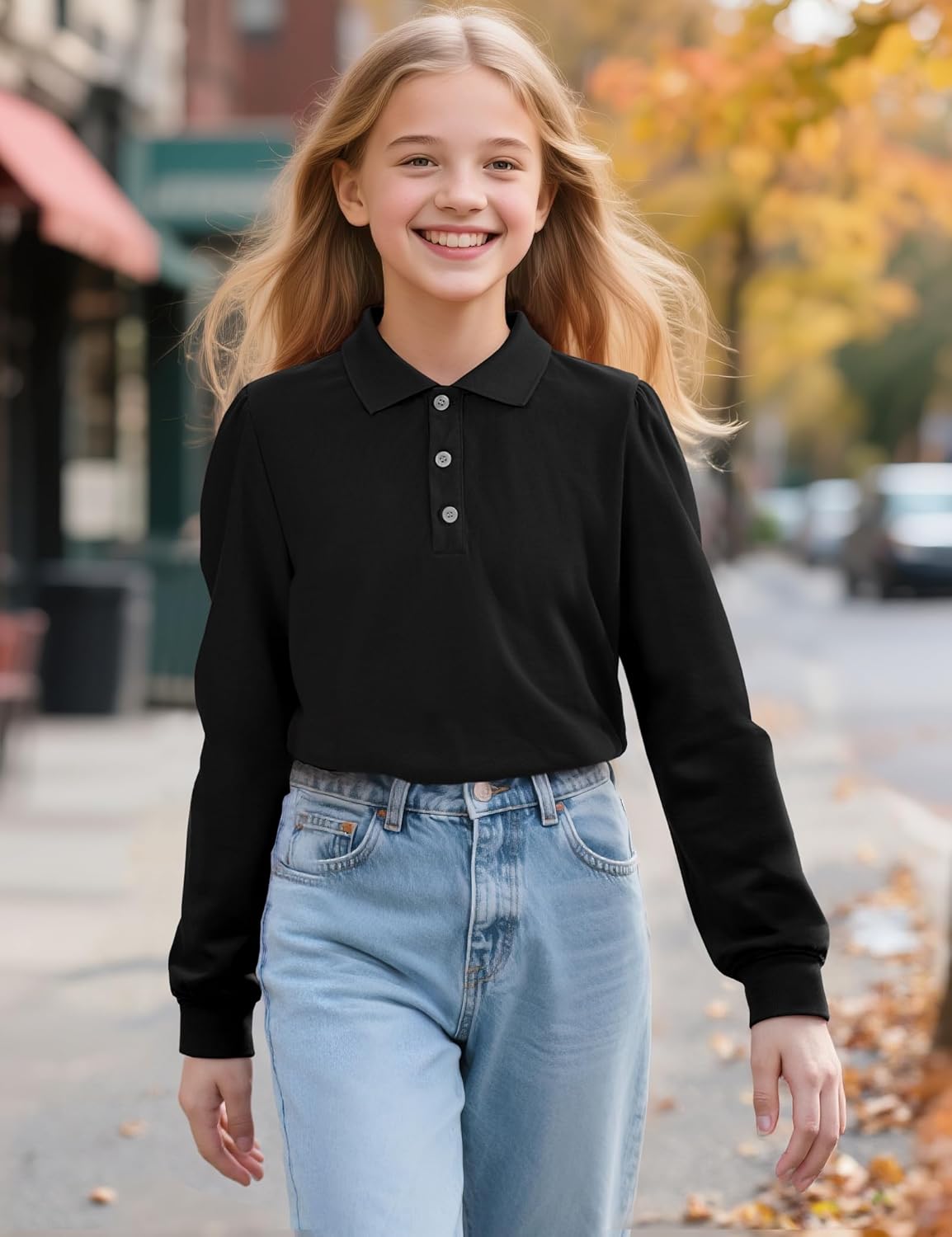 KEREDA Long Sleeve Uniform Shirts for Girls Cotton School Polo Shirts with Button for Kids - Image 6