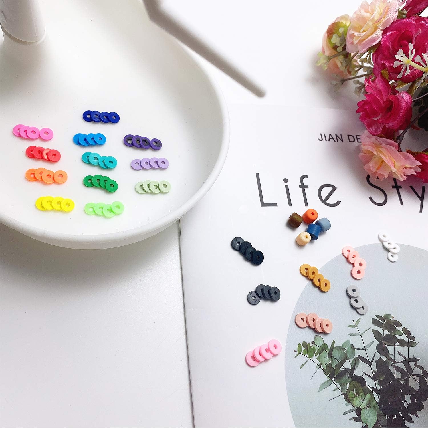 COIRIS 3400 Pcs Vinyl Heishi Beads Environmental Handmade Polymer Clay Spacer 6mm Disk Flat Beads for Surfer Chocker Necklace Bracelet Earrings Jewelry Making(RT-5 Mixd-7)