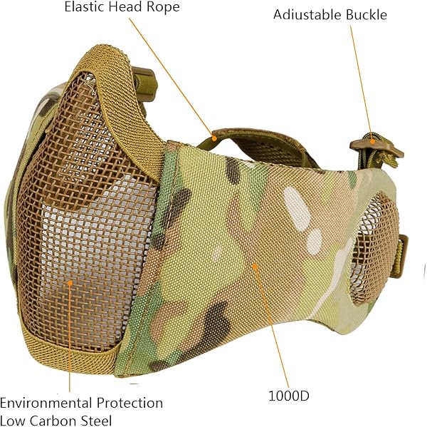 Masque pliable pour airsoft, demi-masque en maille avec protection auditive pour jeux de guerre Cs, BB Gun, chasse, paintball - 2