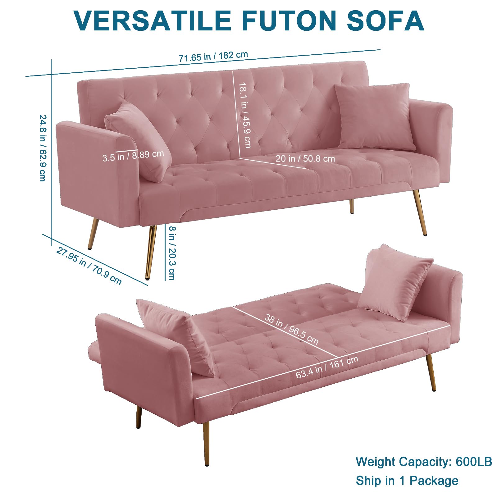 71.65'' Convertible Sofa Bed Modern Futon Set, Velvet Foldable Reclining Loveseat, Three Adjustment Angles,Mid Century Modern Couches for Living Room/Bedroom/Apartment, Easy Assembly,Pink