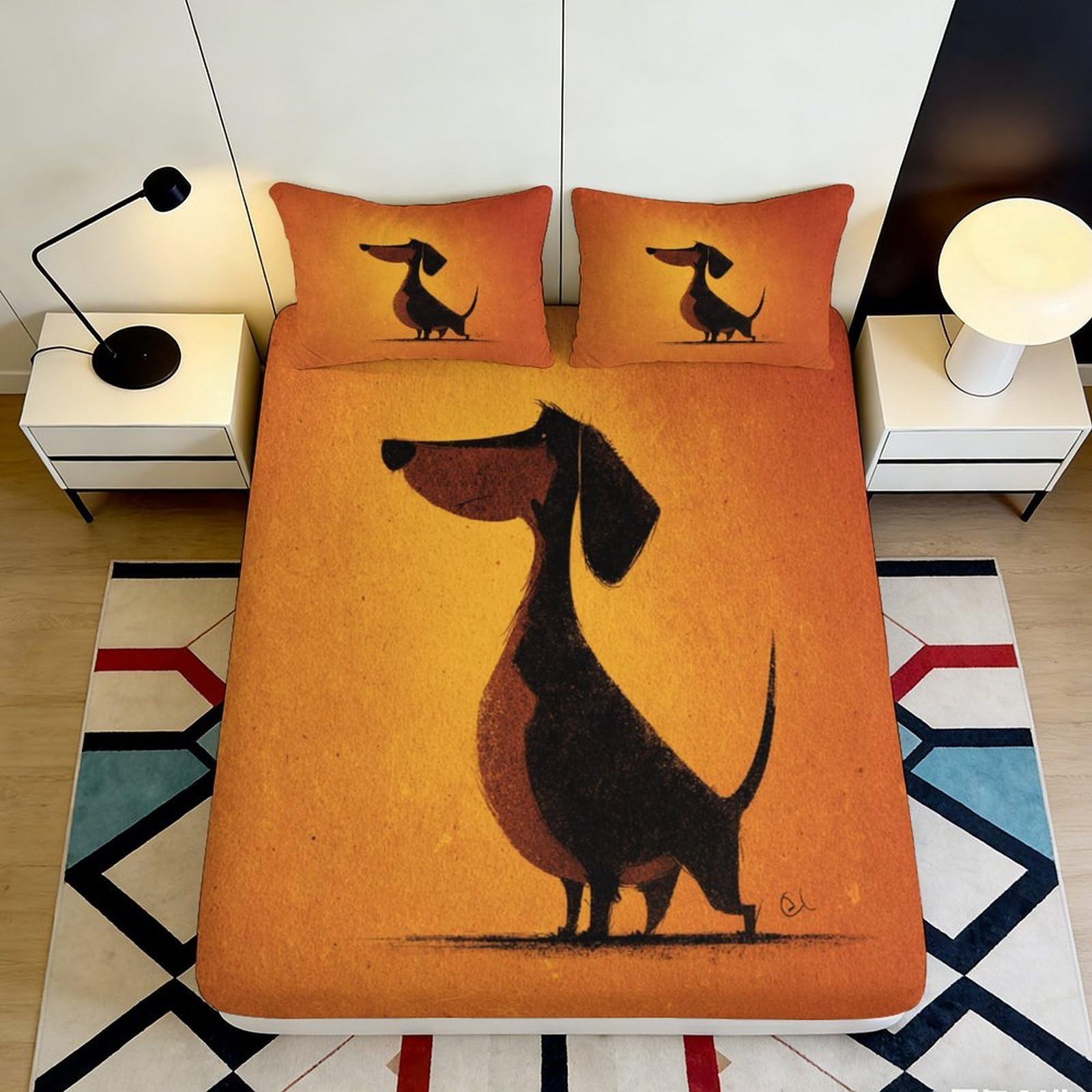 3D Printed Brown Dachshund Dog Fitted Sheet Microfiber Orange Cartoon Mattress Cover for Bedroom Dorm Decor Protection 90x200x25cm