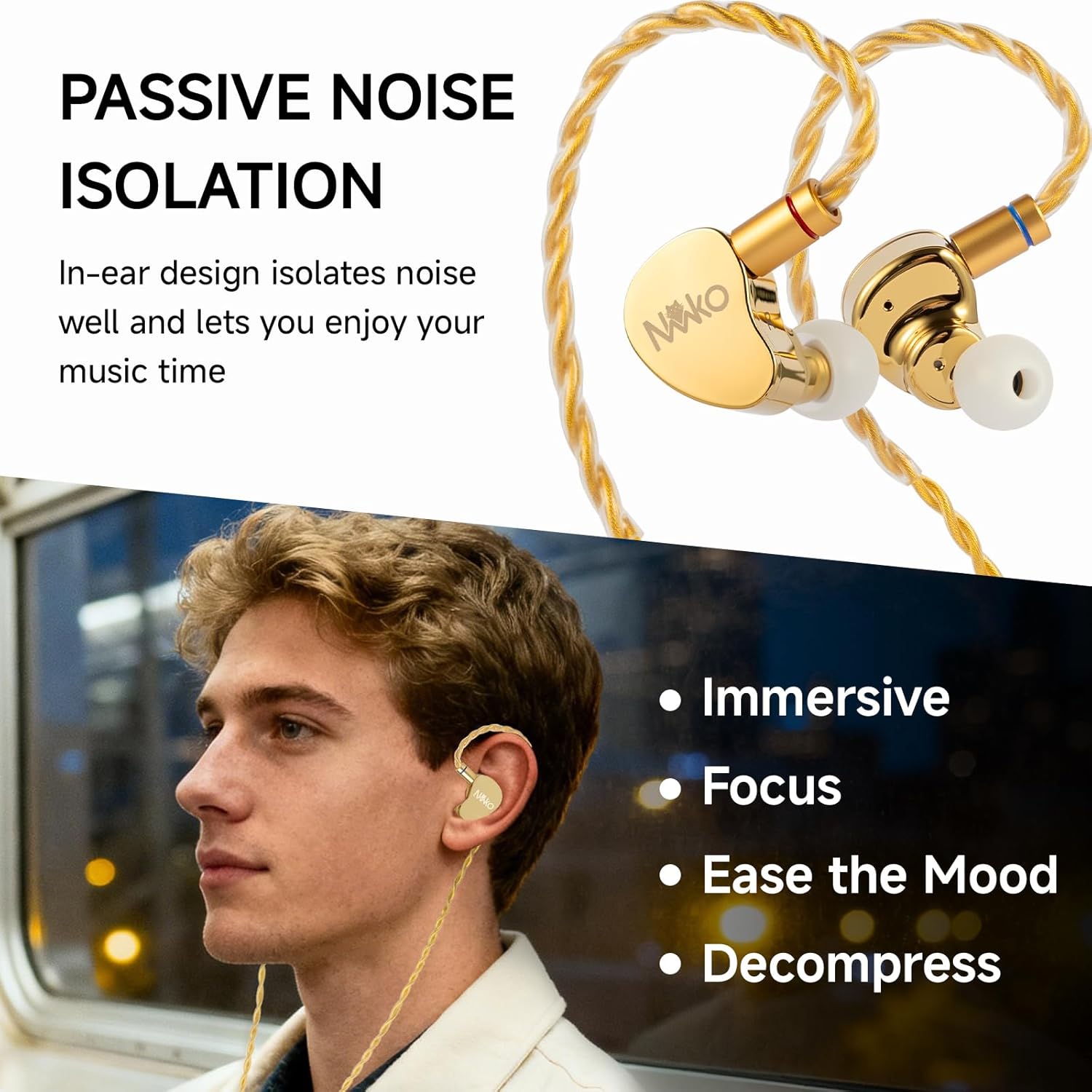 CVJ Neko in Ear Monitor Headphones Wired Earbuds for Musicians Singers Audiophile Studio, HiFi Bass IEMs Earphones with Detachable Cable,Noise Isolating HiFi IEMs for Phone Laptop iPad(no Mic,Gold)