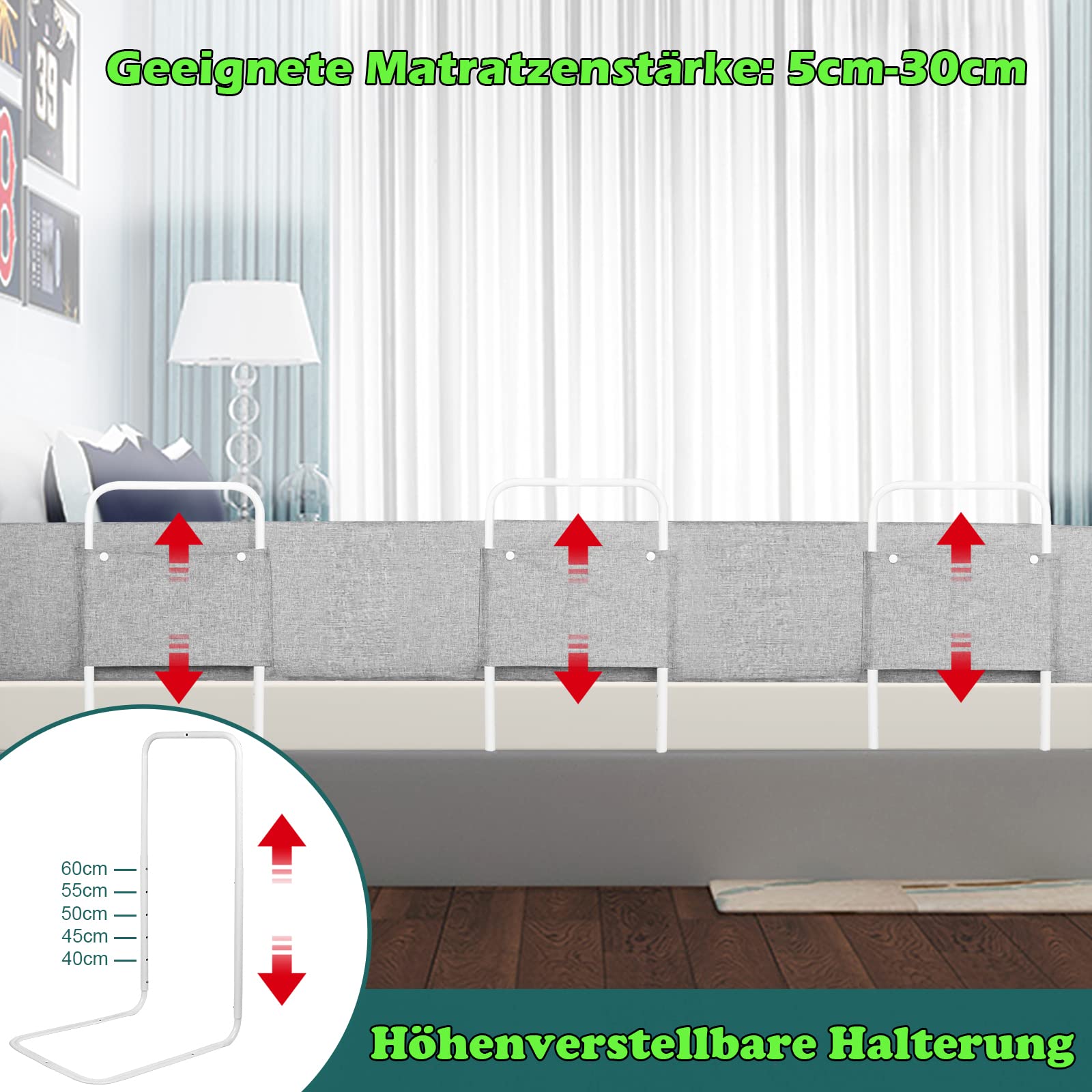 Ikodm Bedhekje 3 x 60 cm, uitvalbescherming, bedbeschermingshek voor kinderen, 5-gaats in hoogte verstelbaar, valbescherming voor kinderen, kinderbedhek, familiebed voor kinderbed (180 cm, linnen