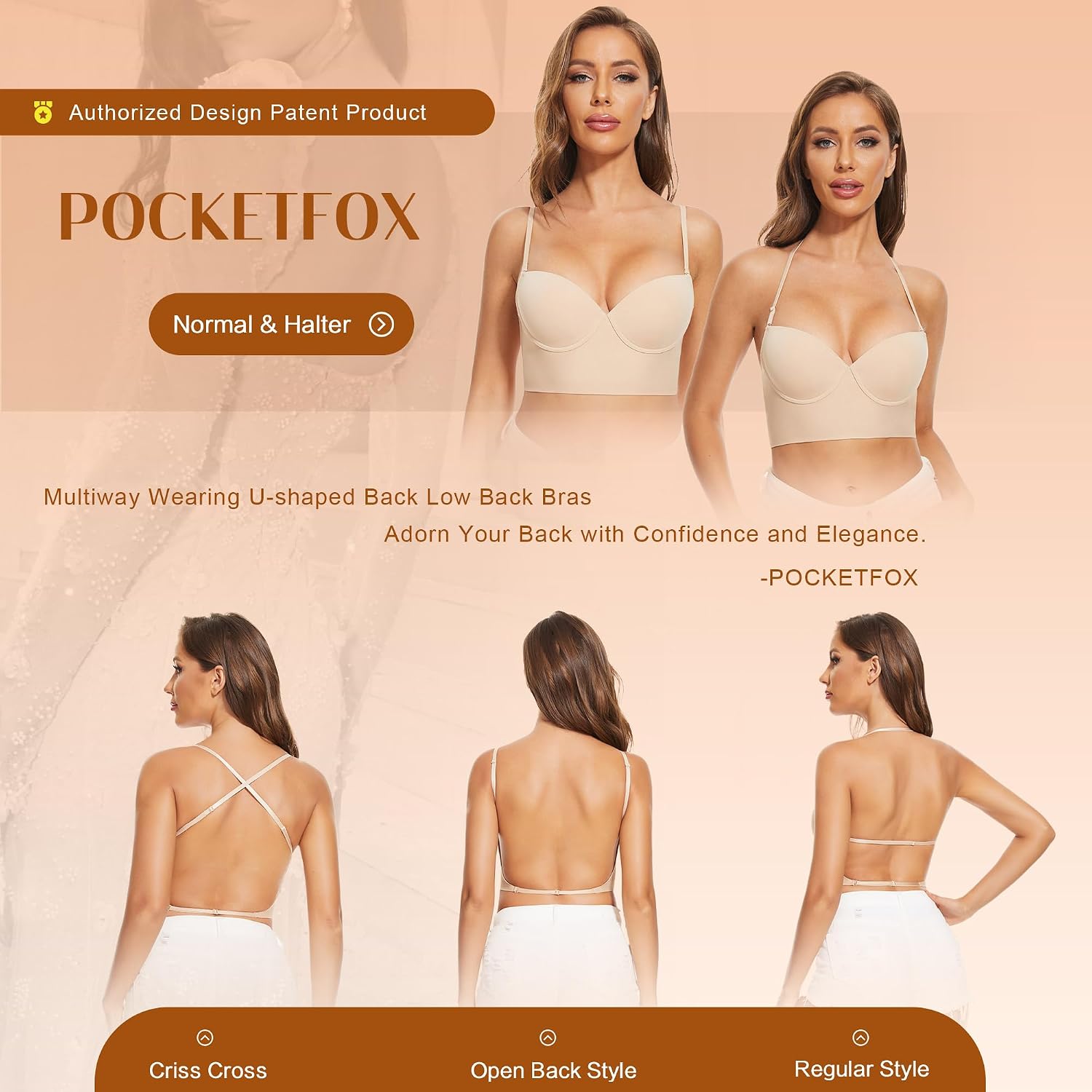 Low Back Bras for Women-Seamless Invisible Backless Bra-Demi Lightly Lined No Show Multiway Bra Low Cut Halter Bras