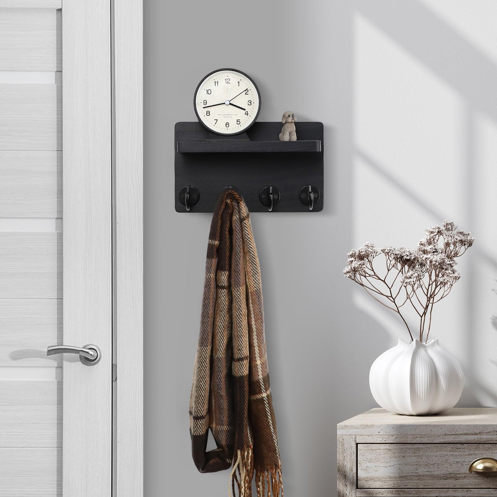Nekon Key Holder Wall Mount, 8.5 Inch Small Home Decor Wooden Wall Organizer with 4 Hooks and Shelf - Image 3